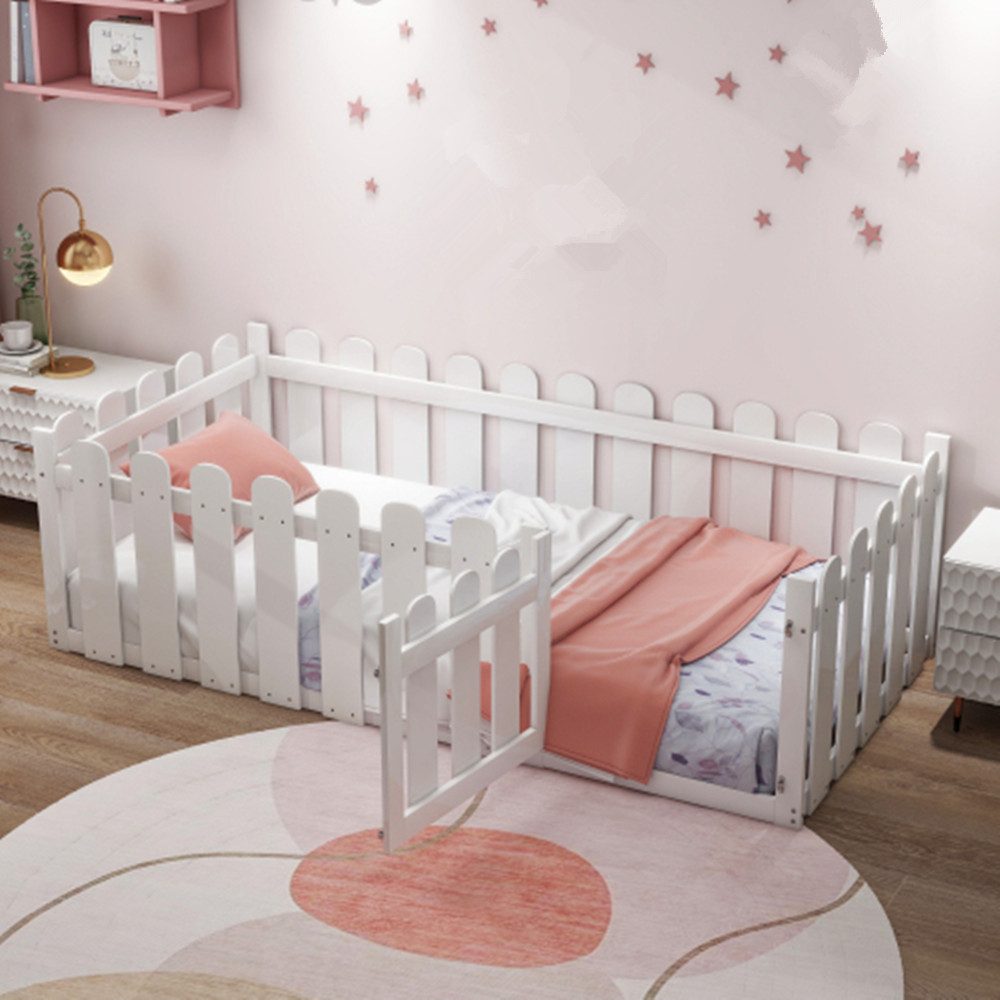 XDeer Kinderbett Kinderbett 90 x 200cm, Holzbettgestell mit, Umrandung und Tür, Weiß