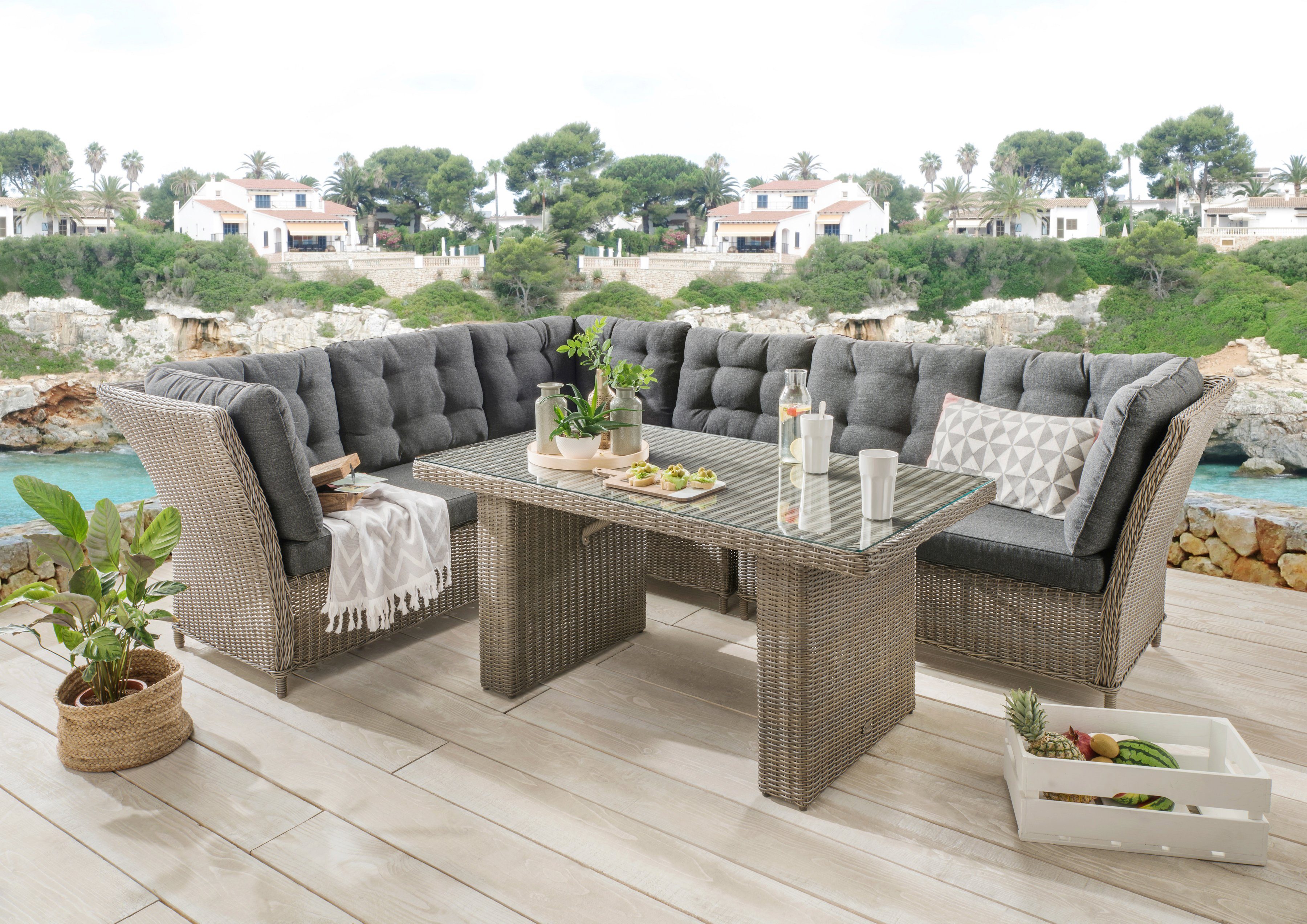 Destiny Garten-Essgruppe PALMA, (19-tlg., 2x Schenkel, 1x Eckmodul, 1x Singlemodul, 1x Tisch, inkl. Auflagen), Aluminium, Polyrattan