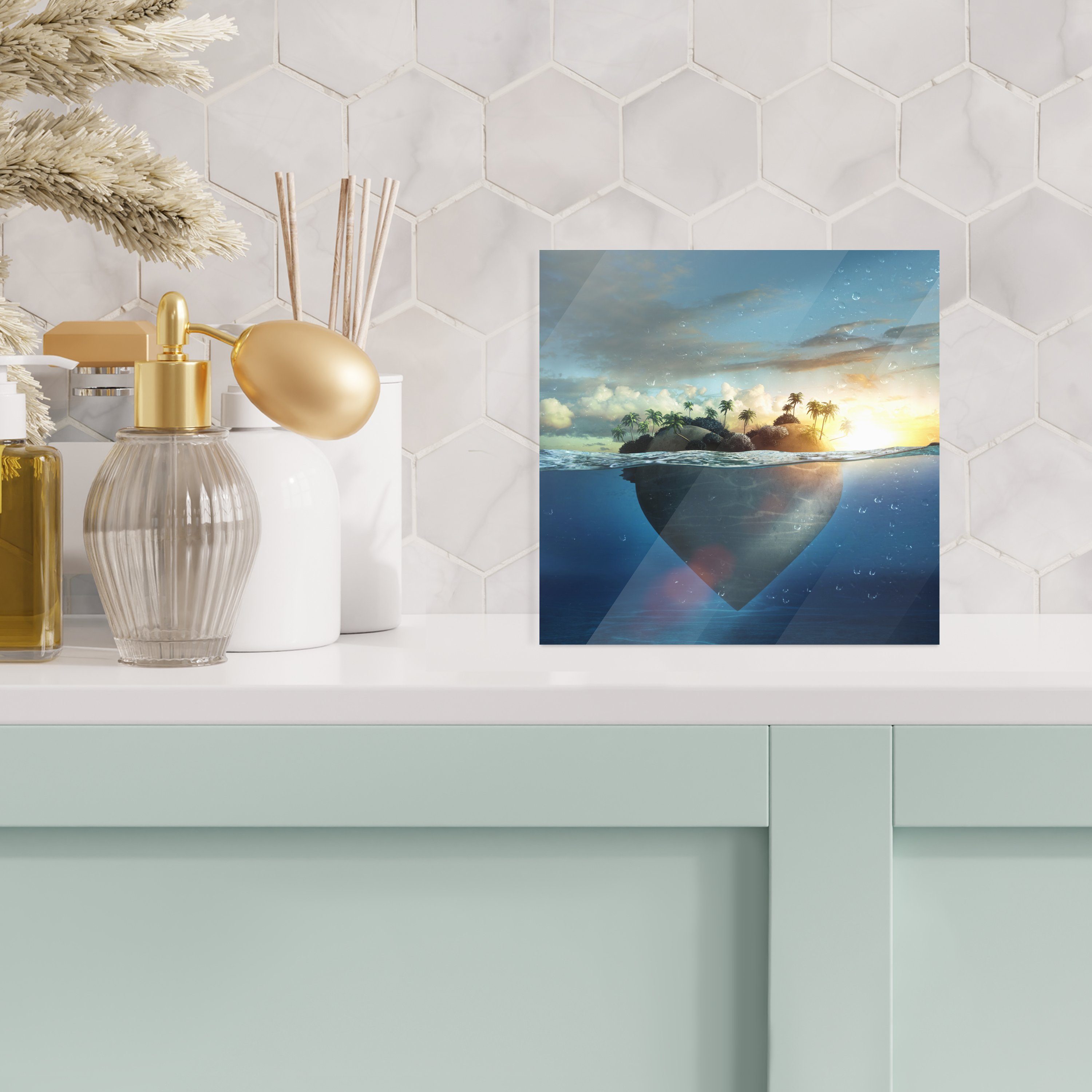 MuchoWow Acrylglasbild Meer Wanddekoration Foto Herz, Wandbild St), - Glasbilder Insel (1 - Glas - Glas auf auf - - Bilder