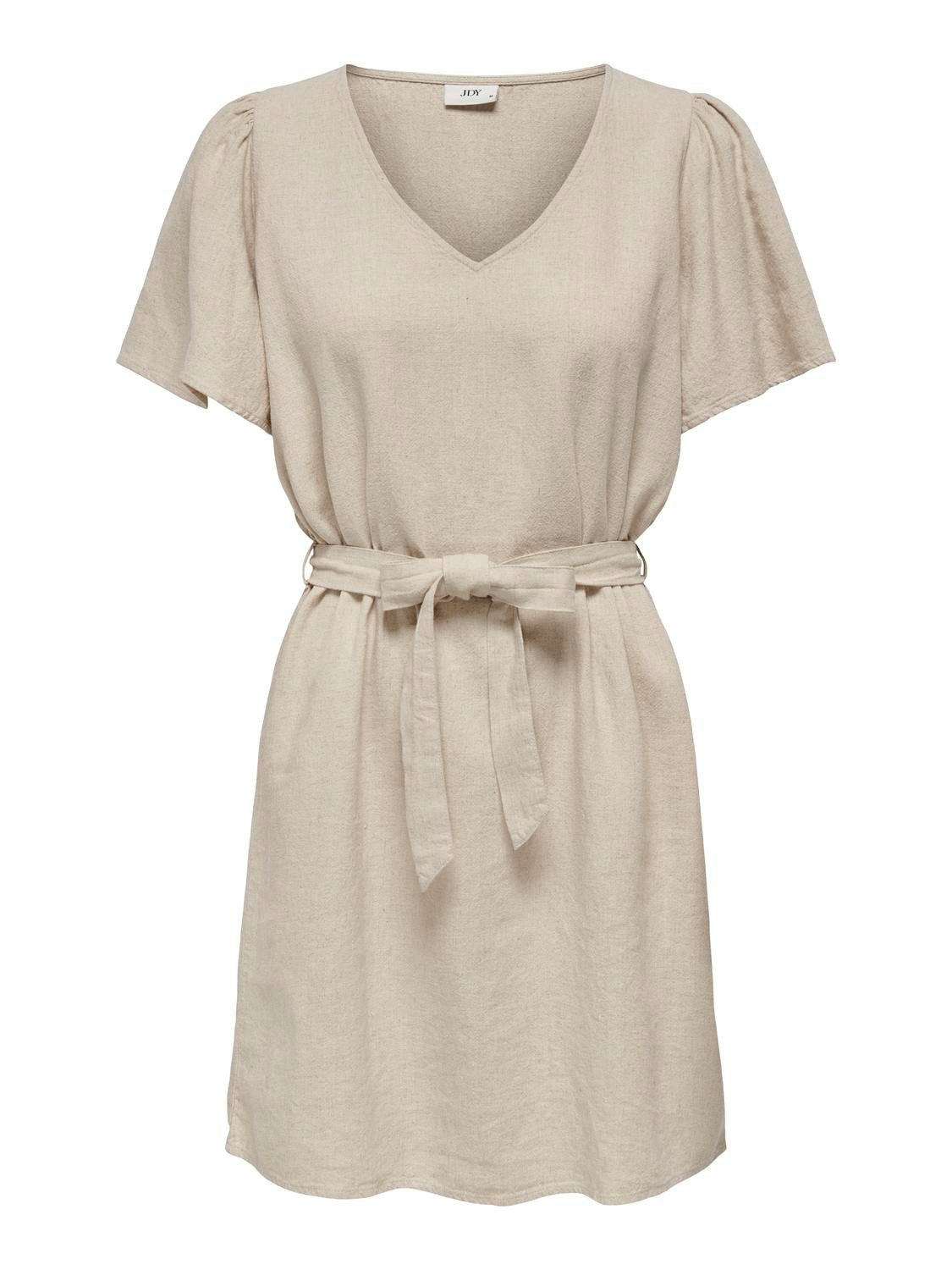 JACQUELINE de YONG Shirtkleid kurzes oberschenkellang Kurzarm V-Ausschnitt (mini) JDYSAY S/S LINEN BELL DRESS WVN NOOS