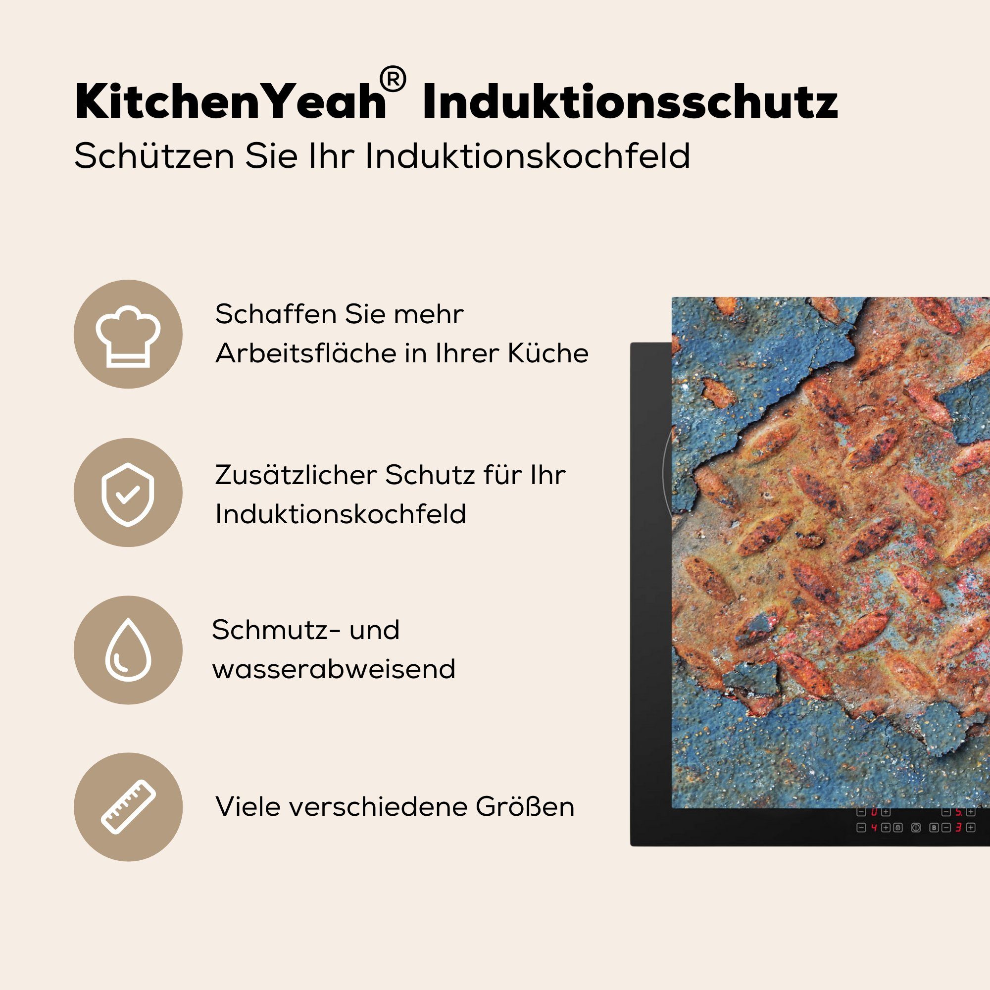 MuchoWow Induktionsschutz, 81x52 Vinyl, die Herdblende-/Abdeckplatte Rost Schutz für tlg), - (1 - Eisen - cm, Ceranfeldabdeckung Diamantplatte Induktionsschutz küche, - Induktionskochfeld