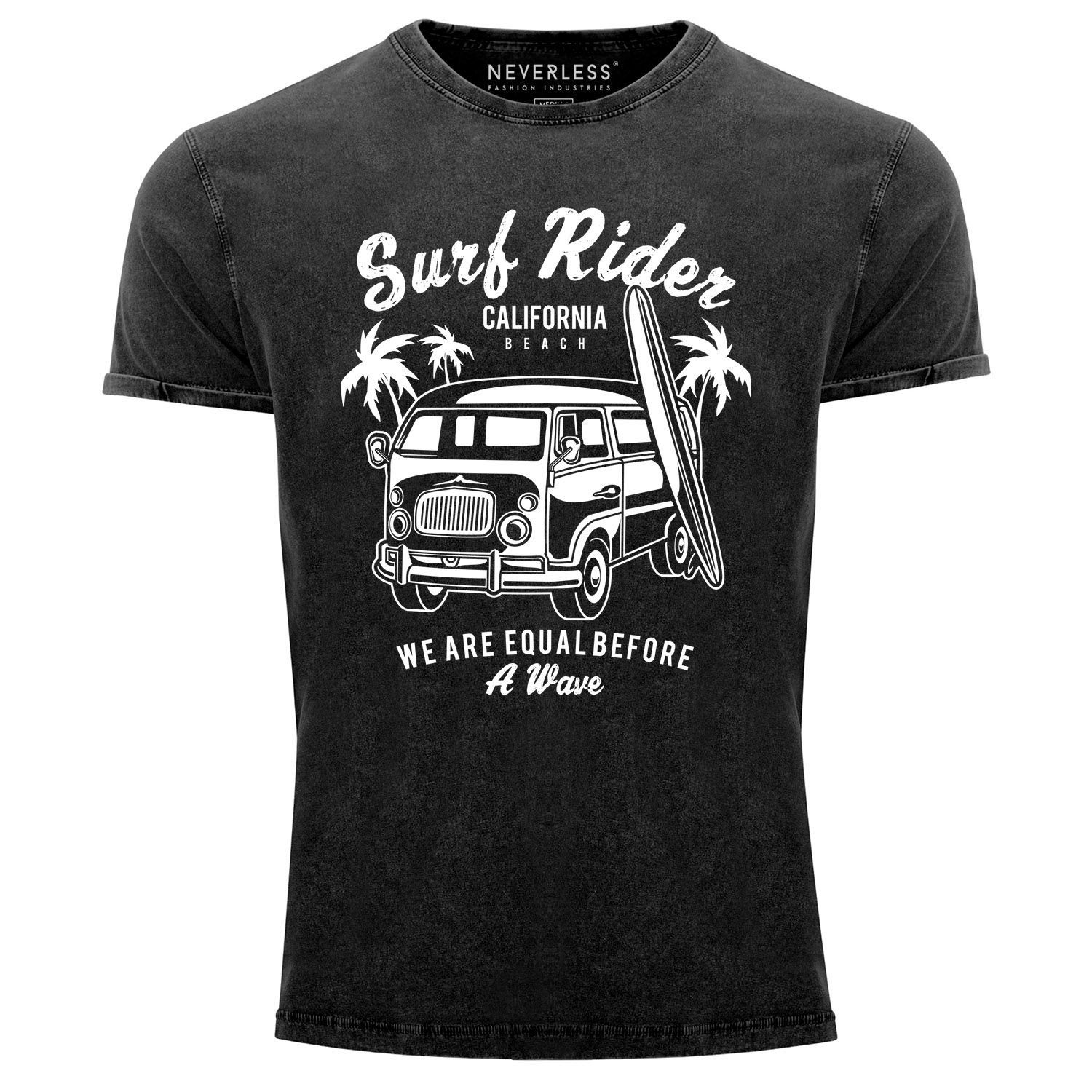 Neverless Print-Shirt Cooles Angesagtes Used schwarz T-Shirt mit Retro Aufdruck Slim Neverless® Fit Vintage Herren Print Bus Shirt Look Surfen