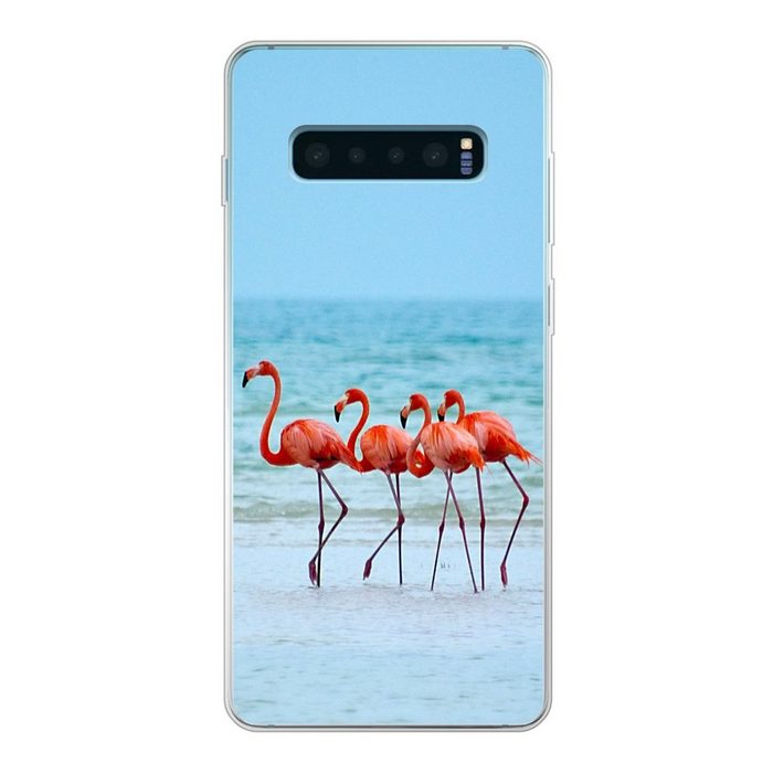 MuchoWow Handyhülle Vier Flamingos spazieren im Wasser Phone Case Handyhülle Samsung Galaxy S10+ Silikon Schutzhülle