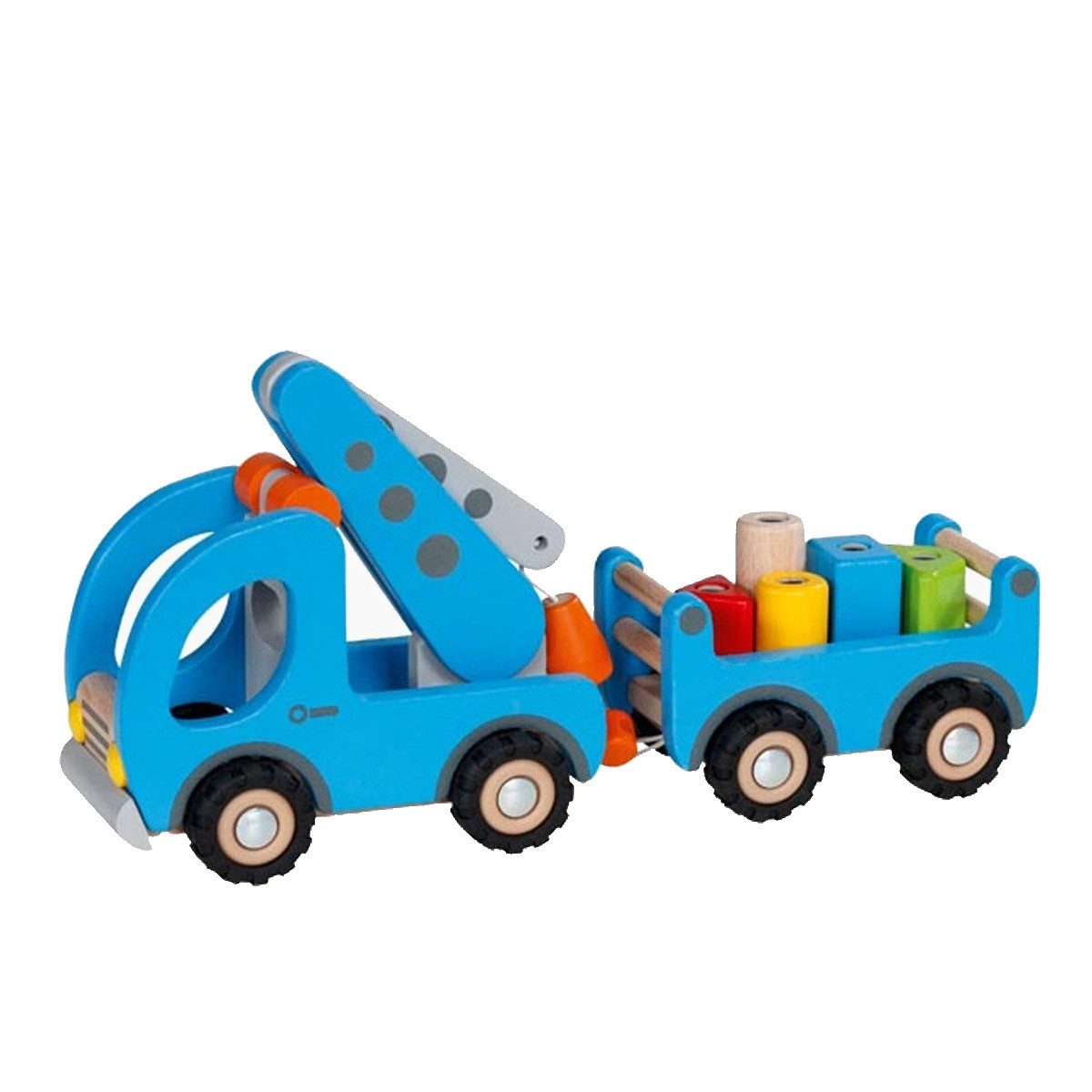 goki Spielzeug-Kran Kranwagen mit Anhänger, (packung, 8-tlg., set), Hochwertige Gummibereifung und magnet Funktion