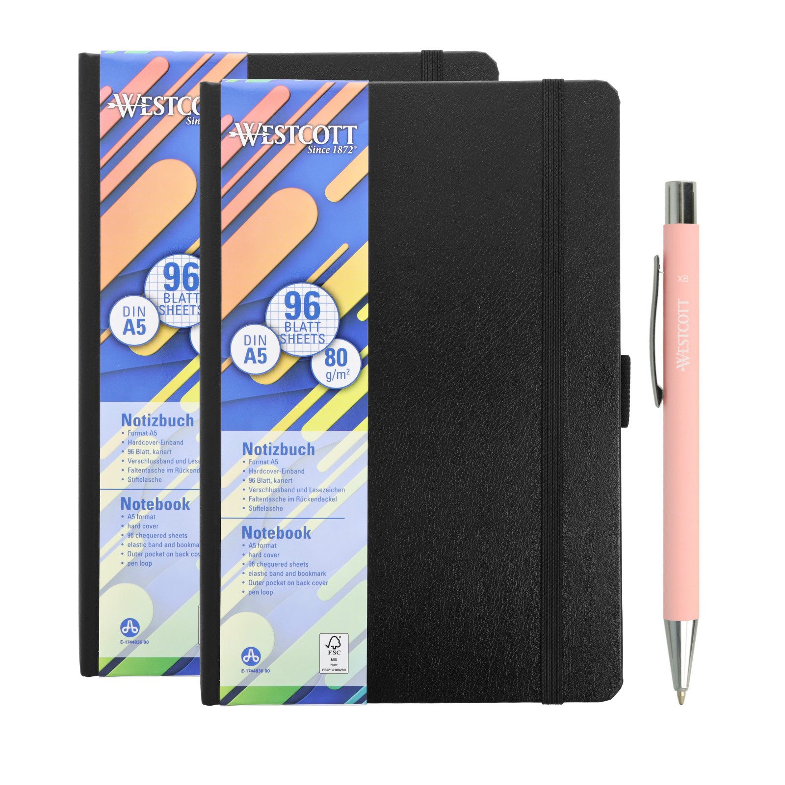 WESTCOTT Notizbuch DIN A5 kariert (2er-Set) inkl. PRIMESOFT Kugelschreiber, 80 g/m² FSC, Innentasche, Lesezeichen, Gummizug, Stifthalter