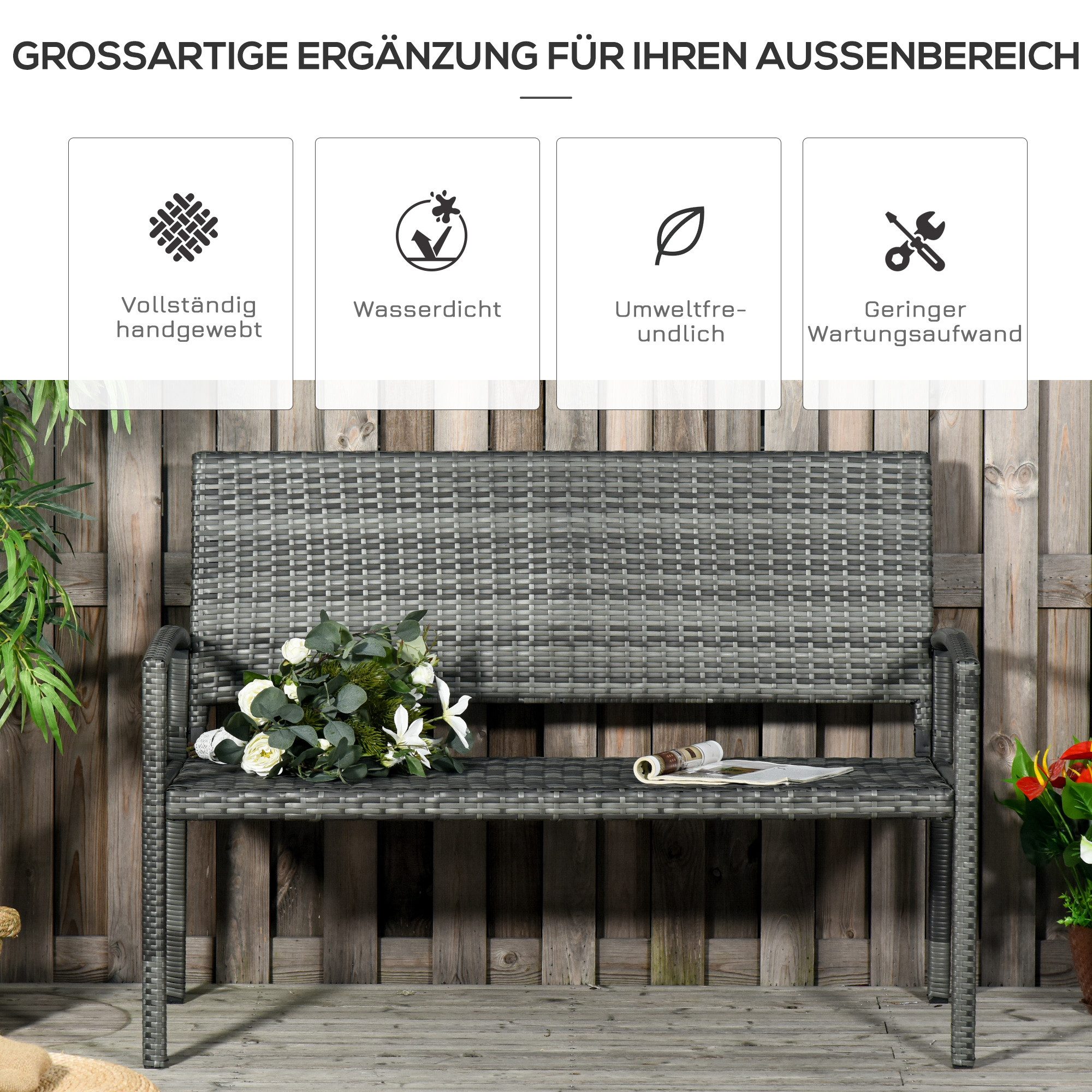 CHICFURN Gartenbank Zweiersitzige Balkonbank belastbar bis 320 kg für den Außenbereich (Packung, 1-St., Graue Gartenbank mit Rattanoptik und stabilem Stahlrahmen), Parkbank als praktisches Gartenmöbel für Terrasse und Balkon