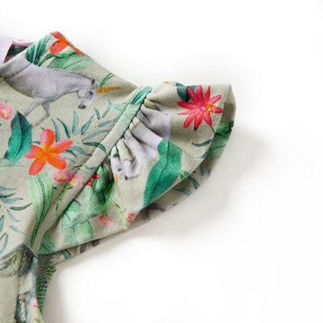 vidaXL A-Linien-Kleid Kinderkleid mit Flügelärmeln Einhorn- und Pflanzen-Motiv Hellkhaki 92