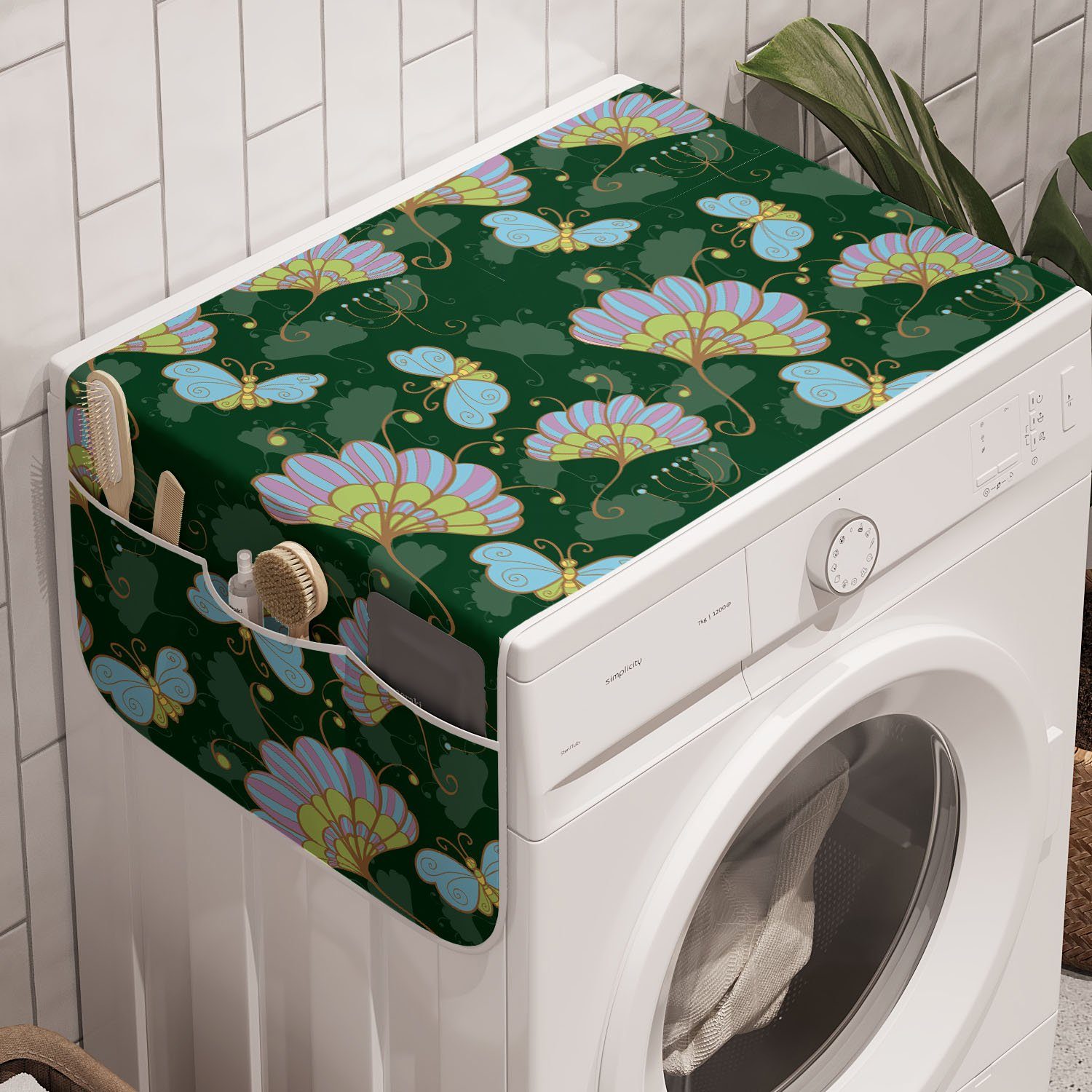 Abakuhaus Badorganizer Anti-Rutsch-Stoffabdeckung für Waschmaschine und Trockner, Blumen Cartoonish Blumen Schmetterling