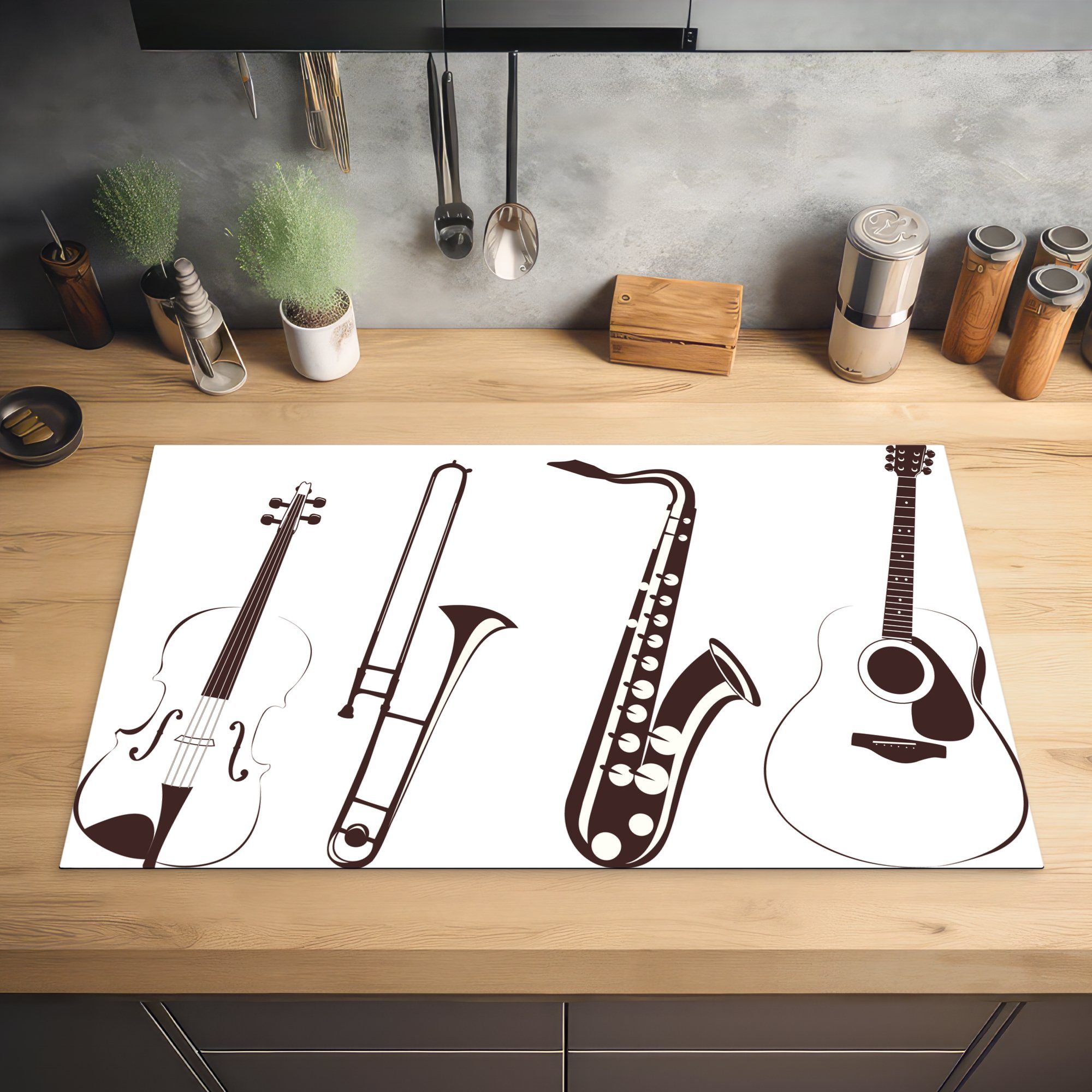 Geige für Arbeitsplatte 83x51 Instrumente, Eine küche Ceranfeldabdeckung, cm, tlg), und einer Herdblende-/Abdeckplatte (1 anderer Illustration Vinyl, MuchoWow