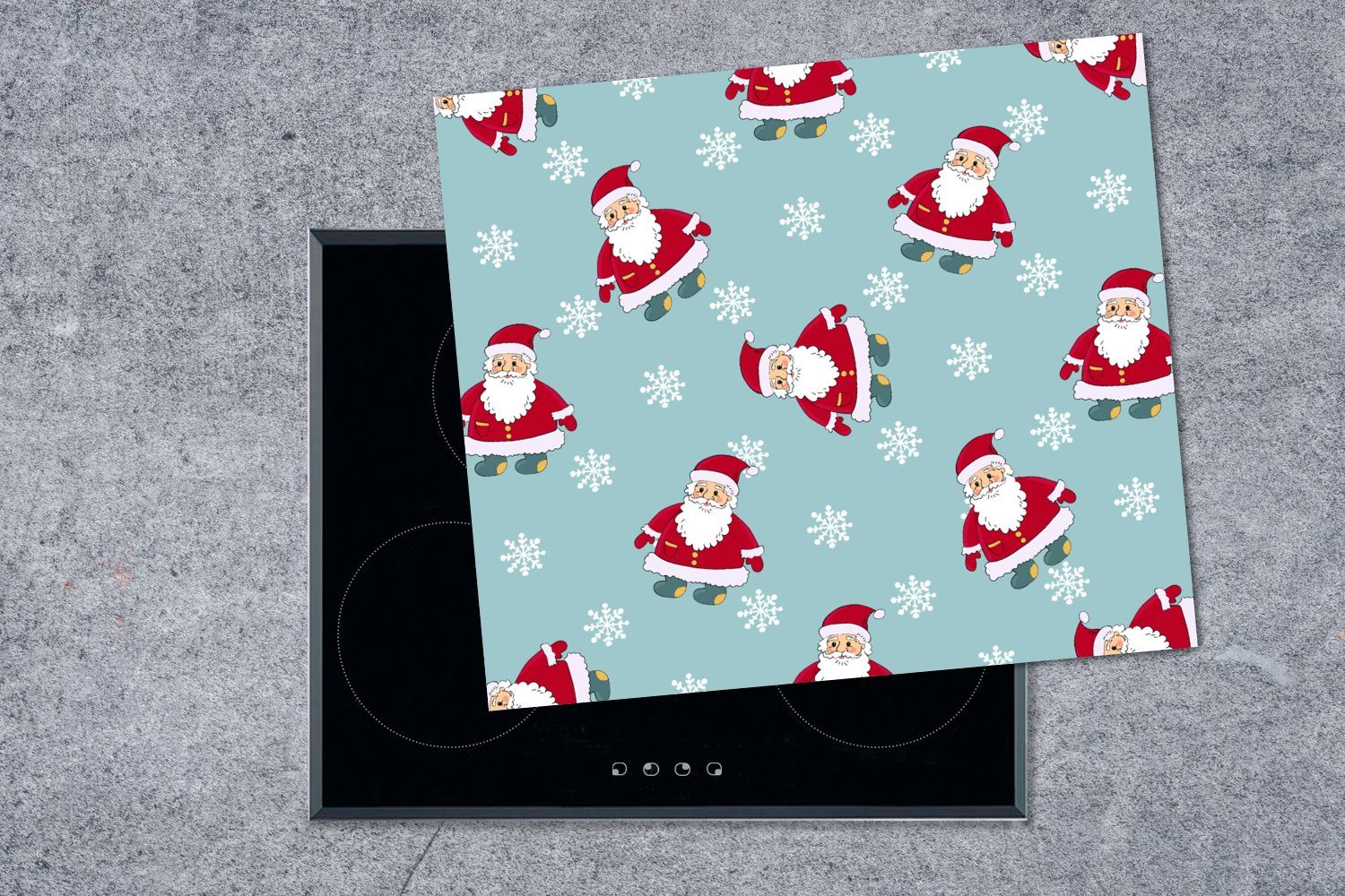 nutzbar, - (1 Schneeflocke Schnittmuster Weihnachten, - Mobile Weihnachtsmann - MuchoWow Arbeitsfläche cm, Vinyl, tlg), Herdblende-/Abdeckplatte 60x52 Ceranfeldabdeckung