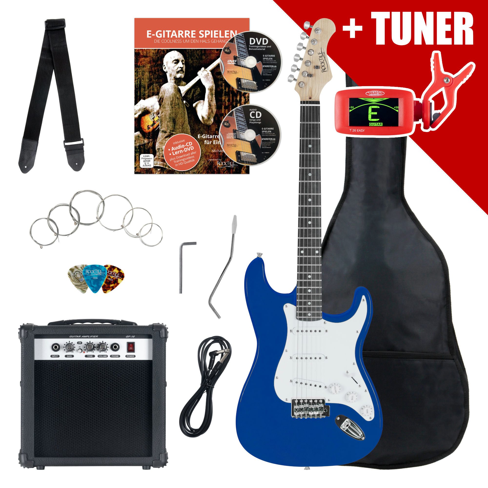 Rocktile E-Gitarre ST-Pack Komplettset E-Gitarre - Ideal für kommende Gitarren-Stars!, Komplettset, inkl. 10 Watt (RMS) Verstärker und Stimmgerät