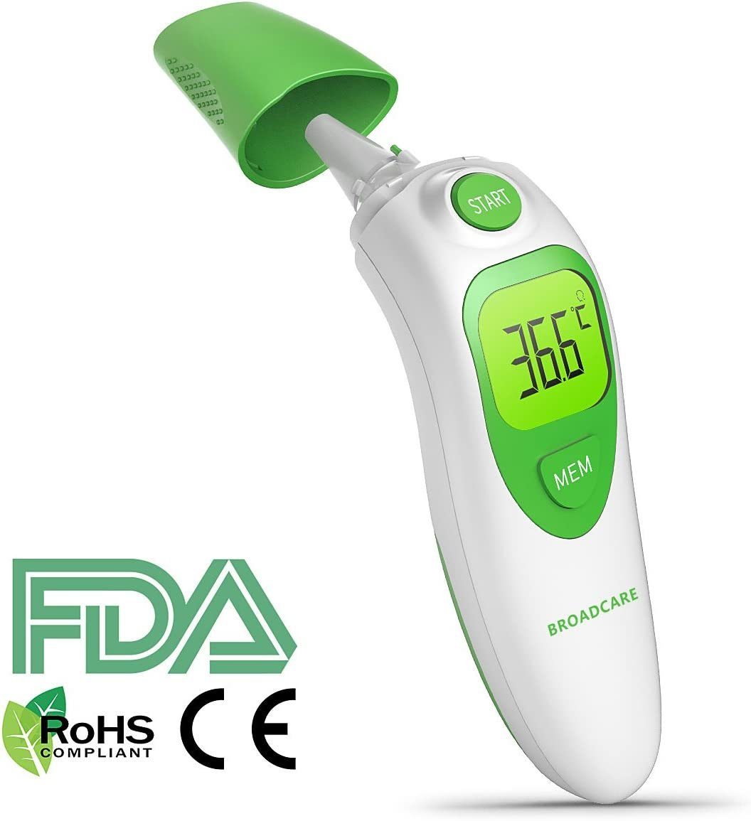 Broadcare Ohr-Fieberthermometer, 4in1 digital LCD Stirnthermometer Infrarot Ohr Fieberthermometer kontaktlos Stirn Thermometer