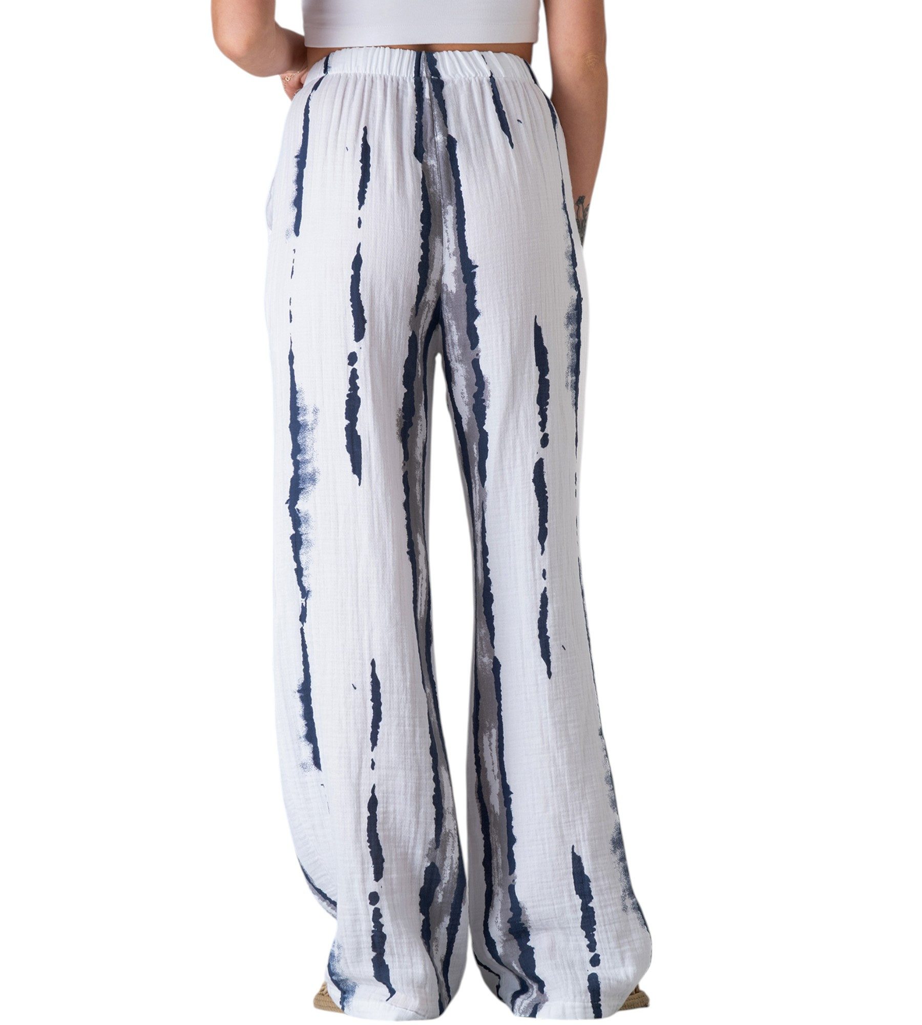WENOR Palazzohose Musselin, Batik-Druck, 100 % Baumwolle, elastisch, Petrolblau & Grau