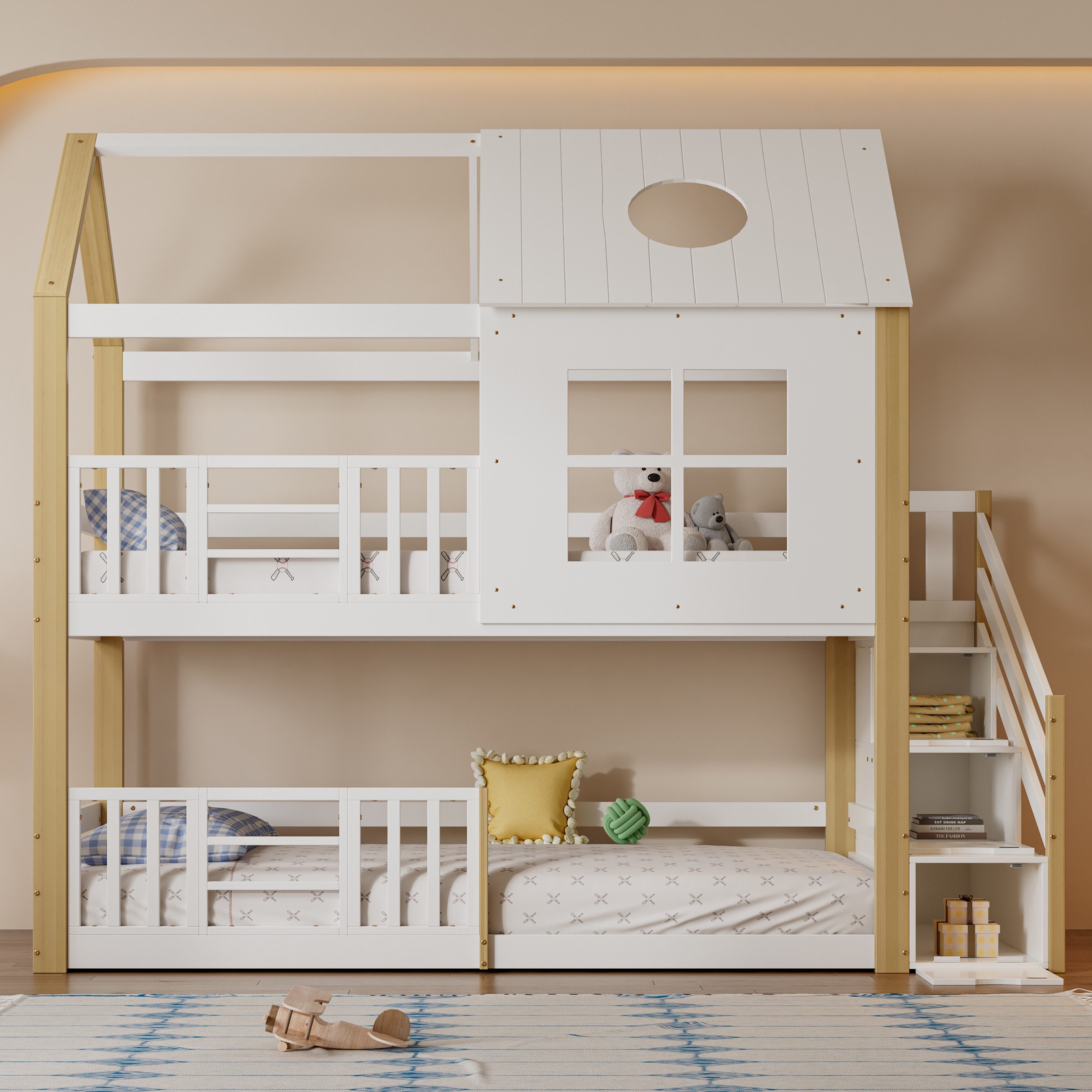 REDOM Etagenbett Kinderbett mit Fenster und Dach (mit Aufbewahrungstreppe, Hausbett, Kinderbett, mit Fallschutzgitter), ohne Matratze
