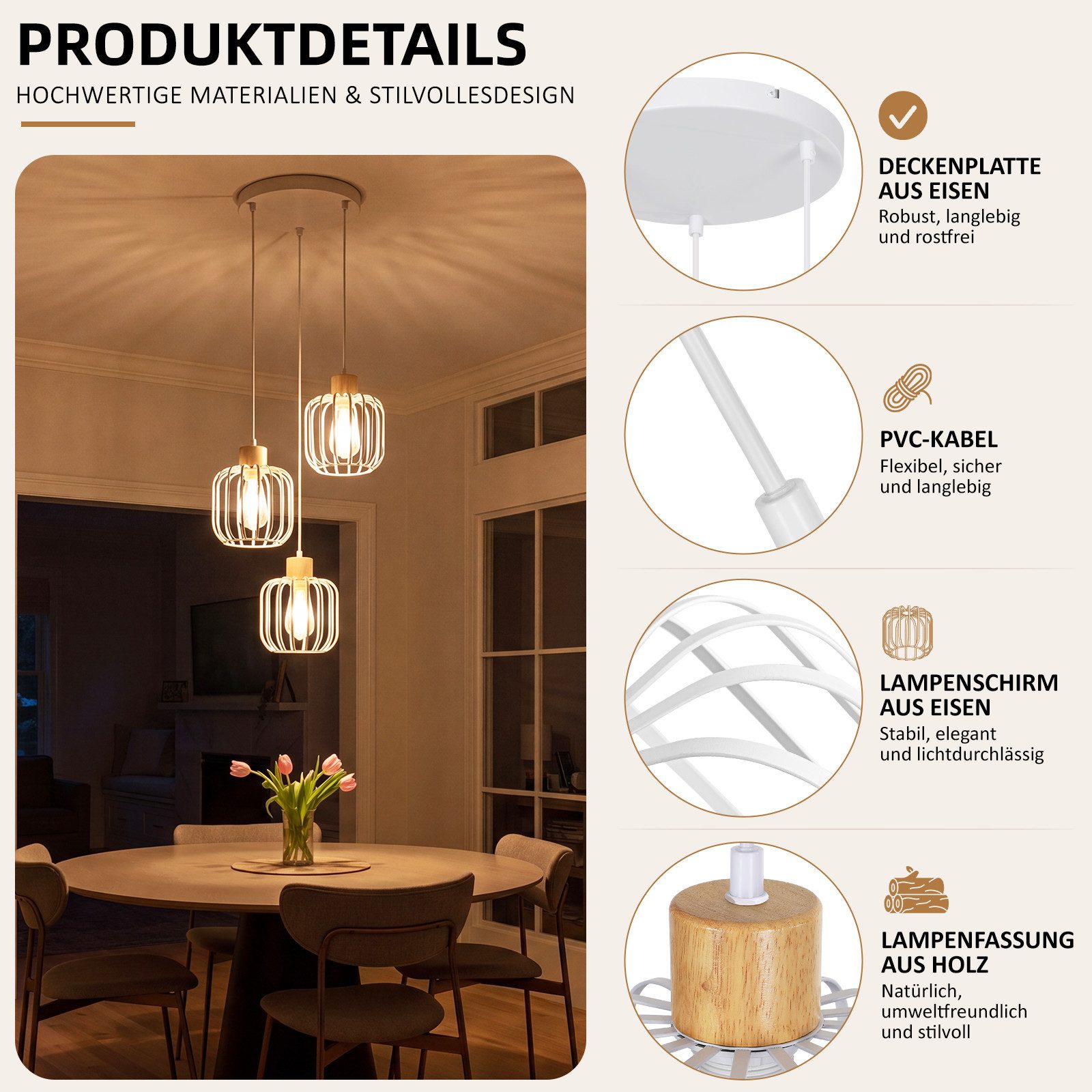 Nettlife Pendelleuchte Weiß/grau 1/3flammig Holz moderne Hängelampe E27 Fassung, ohne Leuchtmittel, für Esstisch Wohnzimmer Küche Flur Kücheninsel