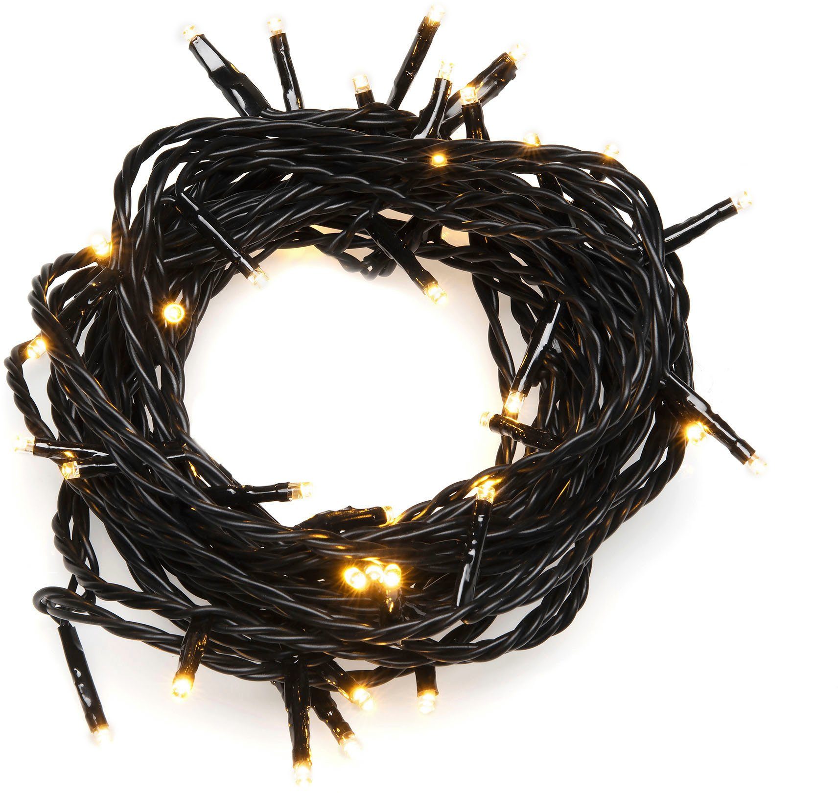 KONSTSMIDE LED-Lichterkette LED Solar Lichterkette, 200 bernsteinfarbene Dioden, 8 Lichtfunktionen, 200-flammig, Fernbedienbar Dimmbar, Timer, Solarbox zusätzlich über USB aufladbar