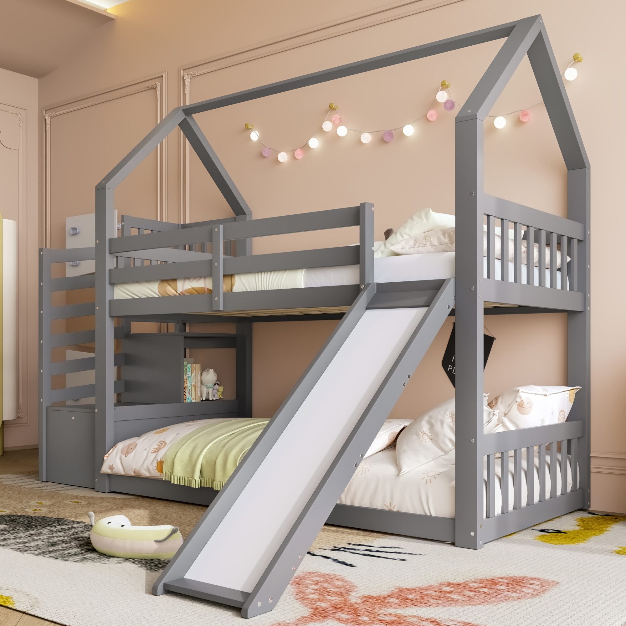 TavilaEcon Etagenbett Kinderbett Jugendbett Hausbett mit Stauraumtreppe und Rutsche, Holzbett mit Geländer, 90x200cm, grau