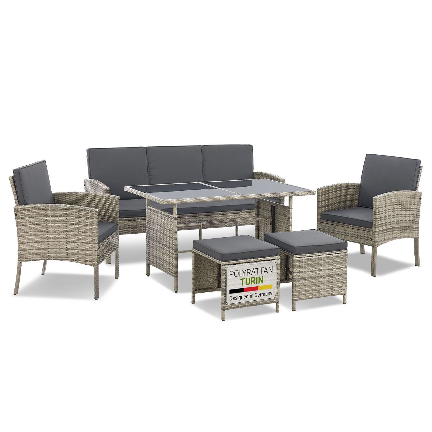 Juskys Gartenlounge-Set Turin, (6-tlg), Polyrattan Sitzgruppe für 7 Personen, Gartenmöbel Set 6-teilig