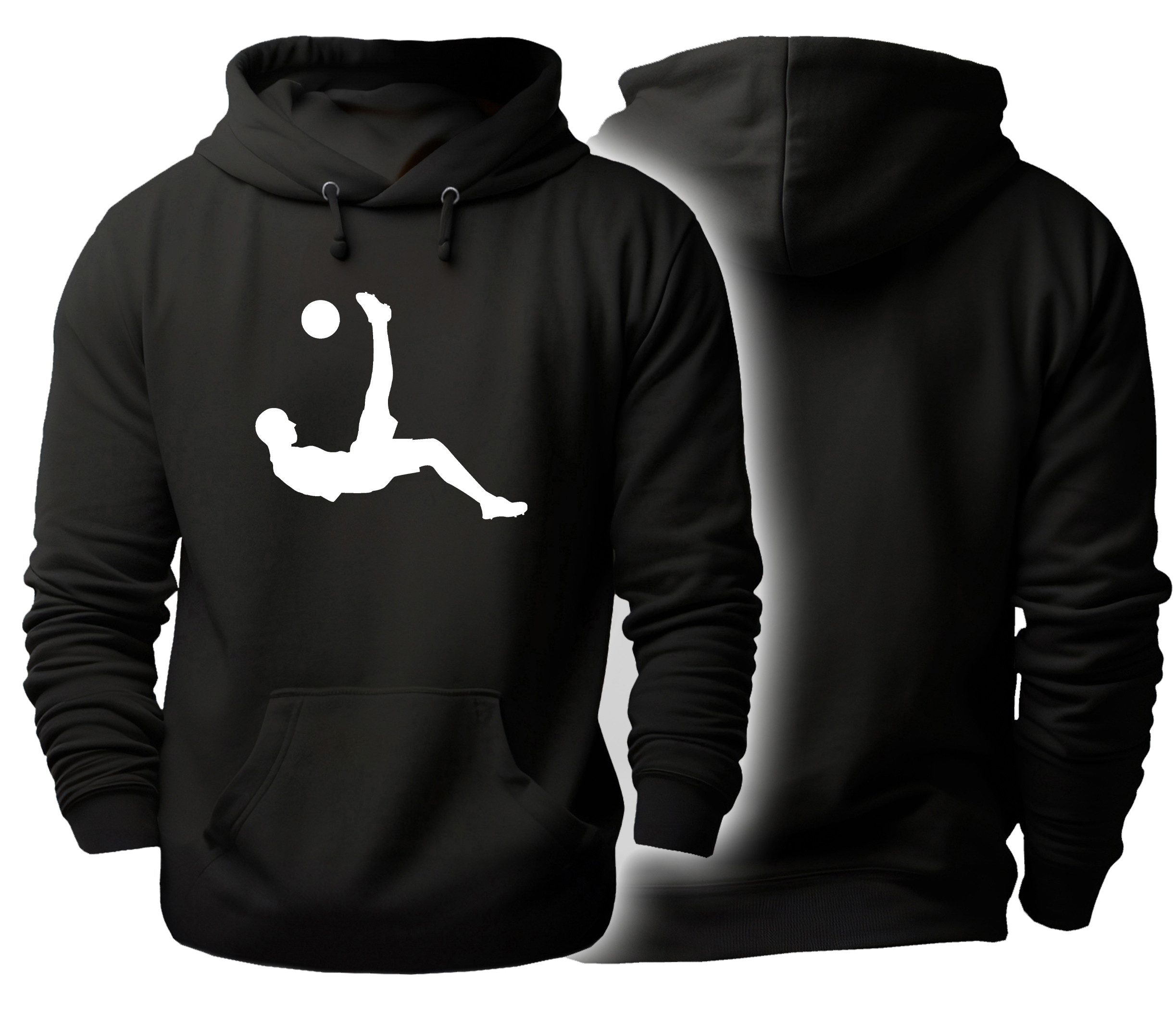 MyDesign24 Hoodie Fussball Kapuzen Pulli - Fußballer beim Fallrückzieher Herren und Damen Kapuzensweater mit Fussball Print i467