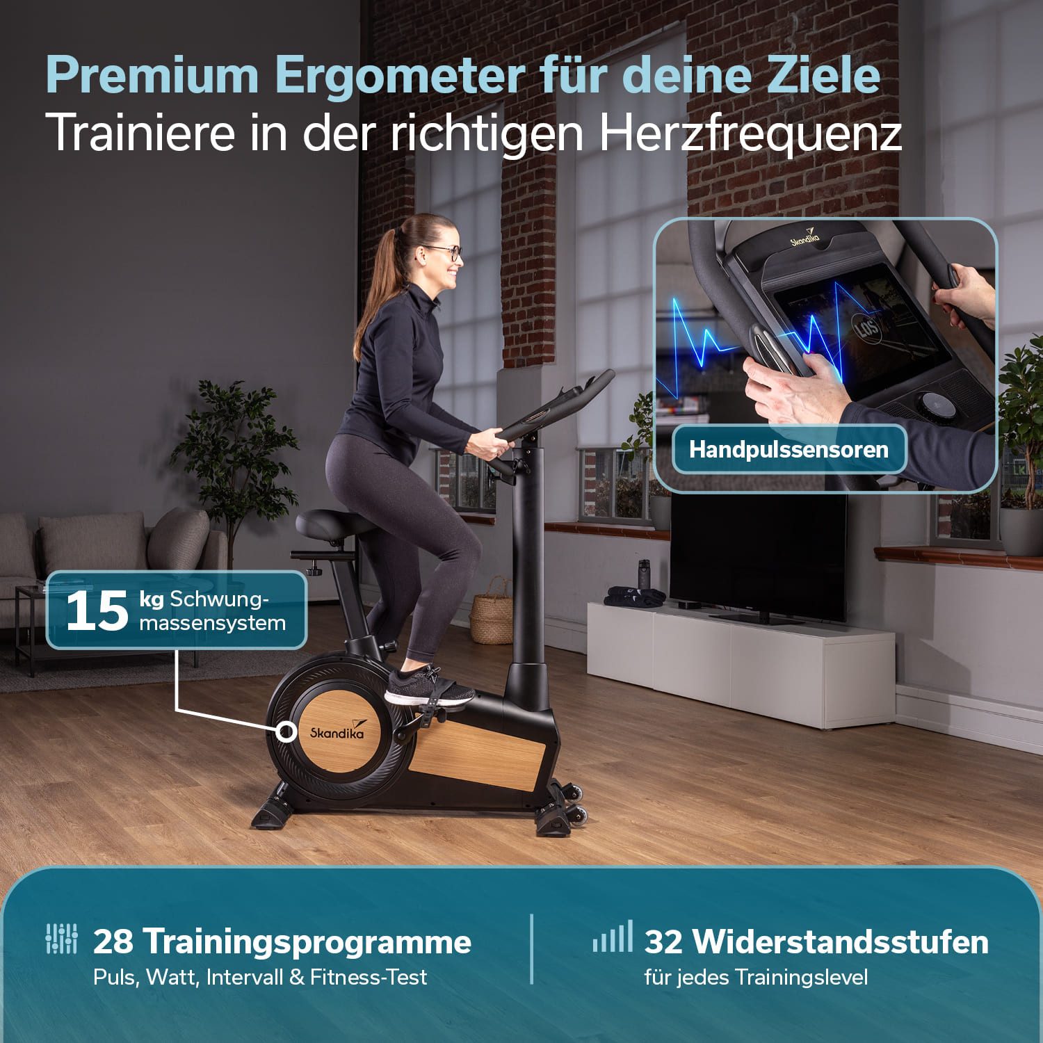 Skandika Ergometer Cykling P15 Touchscreen, Heimtrainer Fahrrad mit LCD Touch Display (Kinomap App kompatibel, Transportrollen, Tablet-Halterung), vorinstallierte Apps, 28 Programme, Magnetbremse, 32 Stufen, bis 150kg