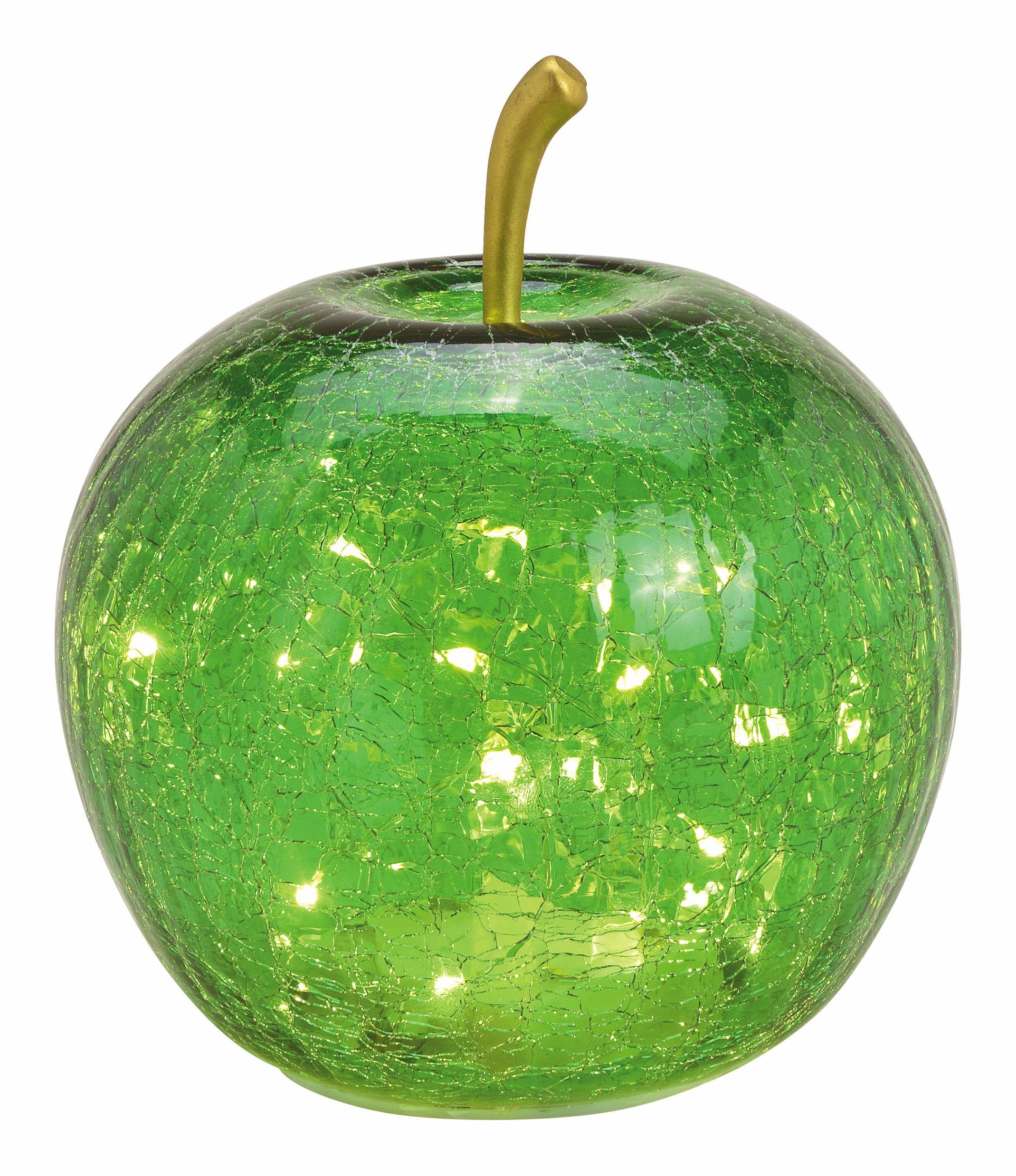 Spetebo LED Dekoobjekt LED Bruchglas Apfel 16 cm mit Timer - grün, Ein-/Ausschalter, Timer, LED fest verbaut, warm weiß, Deko Frucht aus Crackle Glas beleuchtet Batterie betrieben