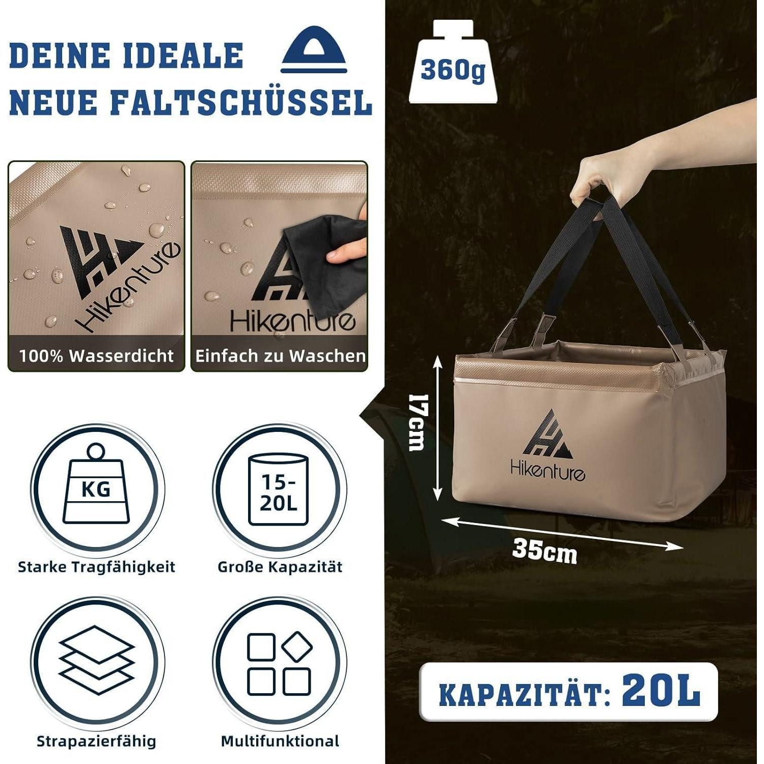 LuxusKollektion Schüssel Faltschüssel Faltbarer Eimer 20L Camping khaki Eckig-khaki 20L