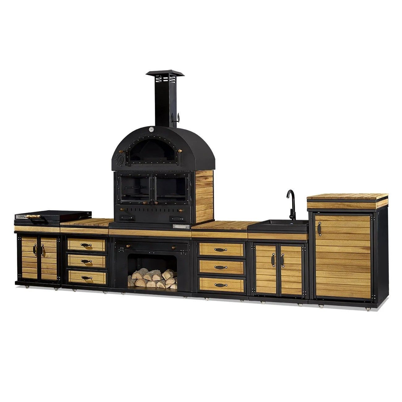 JVmoebel Outdoor-Küche Moderne Außenküche aus Holz und Edelstahl in Schwarz, Made in Europe