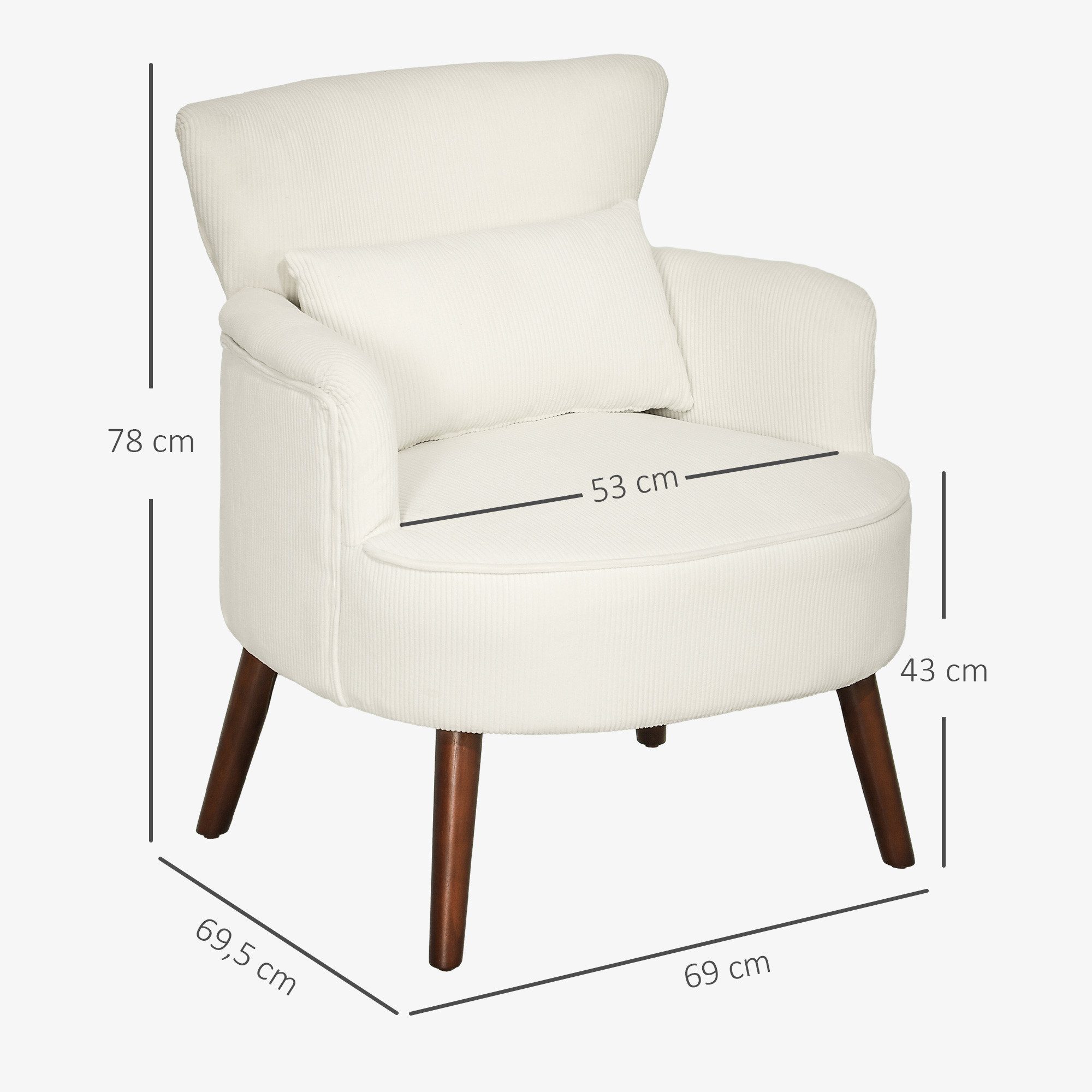 HOMCOM Sessel Polstersessel, Armlehnensessel mit Armlehnen und Kissen (Loungesessel, 1-St., Einzelsessel), für Schlafzimmer, Wohnzimmer, bis 120 kg, Cremeweiß