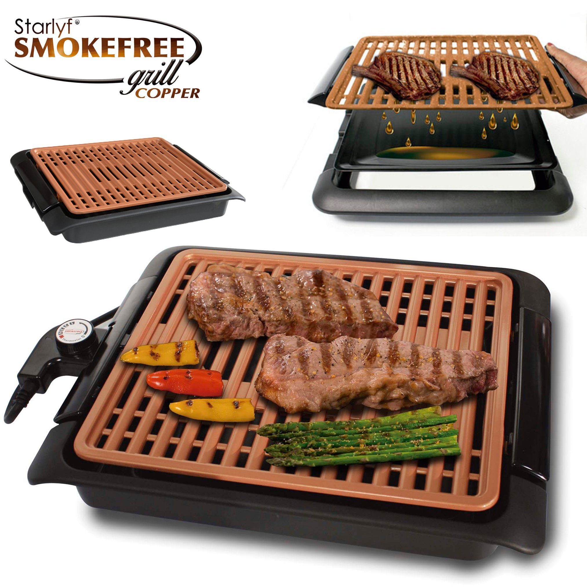 Starlyf Tischgrill Smokefree Copper Grill, 1250,00 W, abnehmbares Thermostat, Kupfer - Beschichtung, spülmaschinenfest