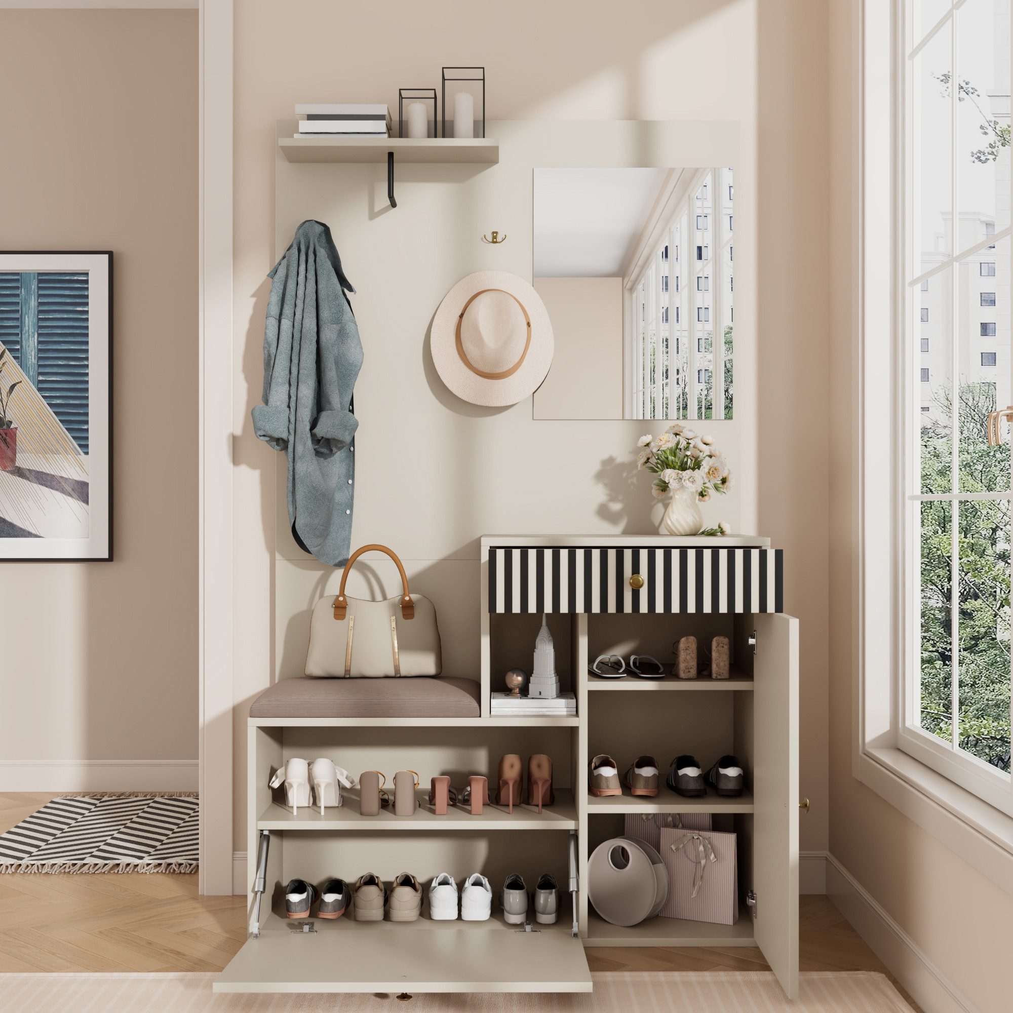 HAUSS SPOLE Garderoben-Set mit Schuhbank,Flurgarderobe Garderobenschrank mit Wohnwand&Spiegel, (Kinderkleiderschrank, Garderobenständer mit Schuhwechselsitz, 1-St., 110 x 185,5 x 37 cm), aus MDF