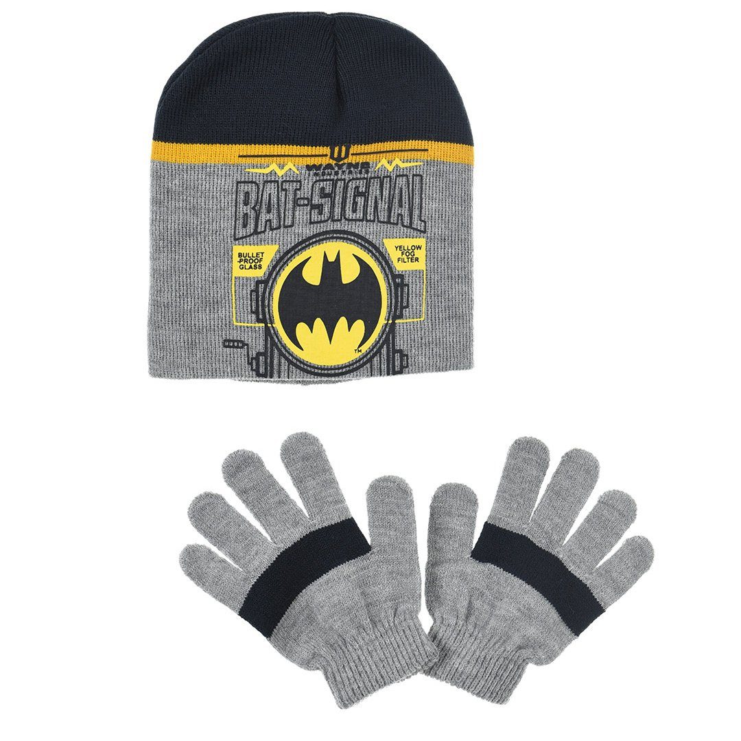 DC Comics Batman Schlupfmütze Herbst Set 2tlg Handschuhe Kinder oder 54 plus 52 (2-St) Wintermütze Grau