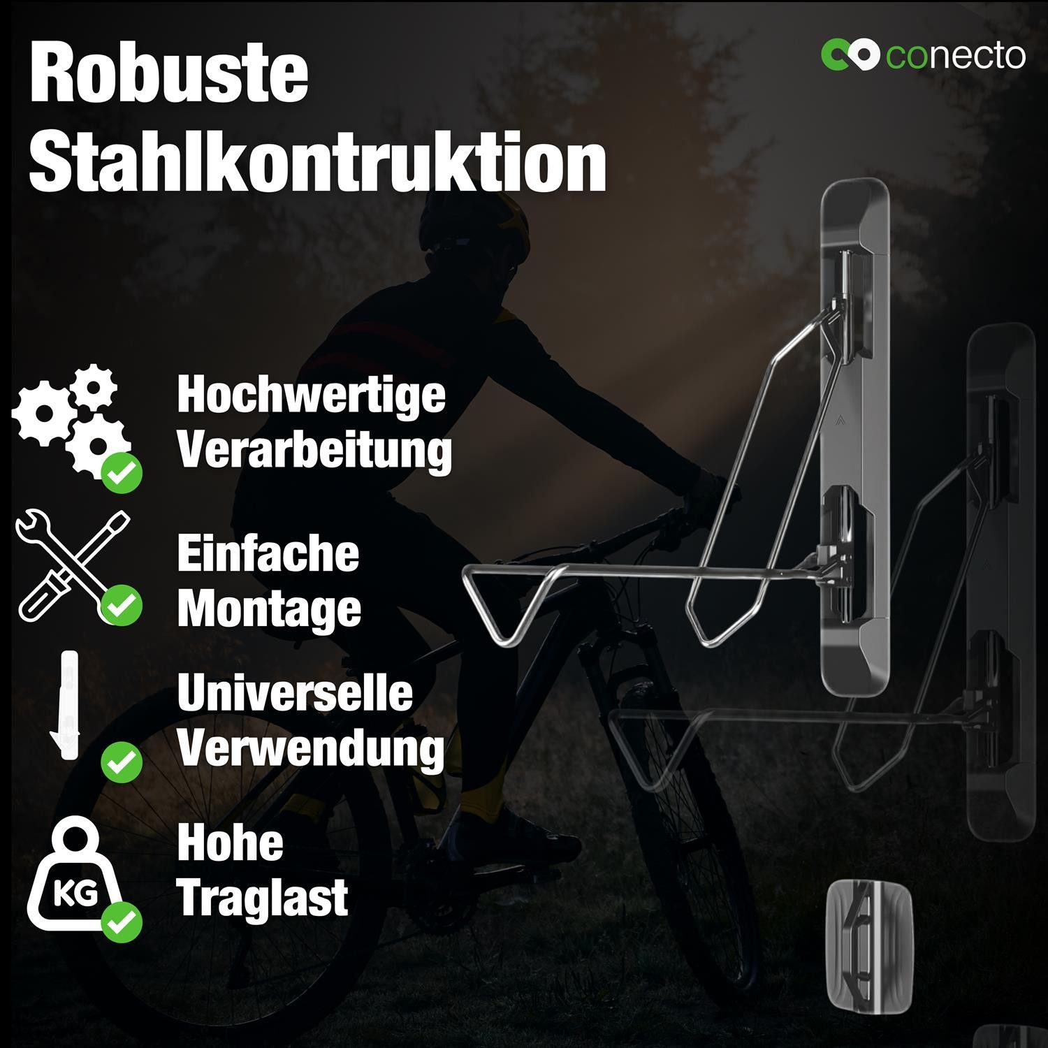 conecto bicycle wall mount, swiveling wall hanger, suitable for various bicycle types