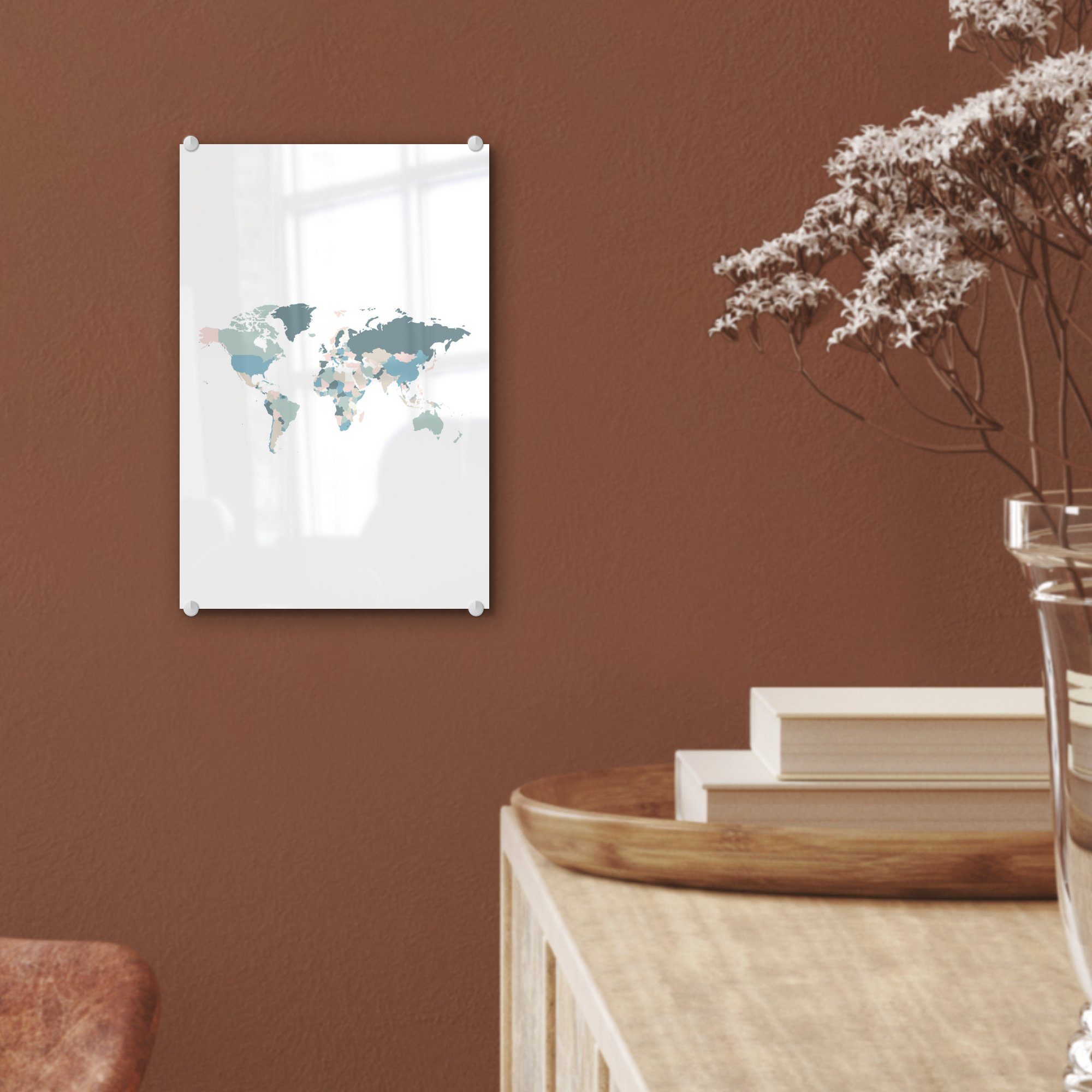 MuchoWow Acrylglasbild Weltkarte auf (1 Glas Wandbild Wanddekoration - Länder, - Pastell St), - auf Bilder - Foto Glasbilder Glas 