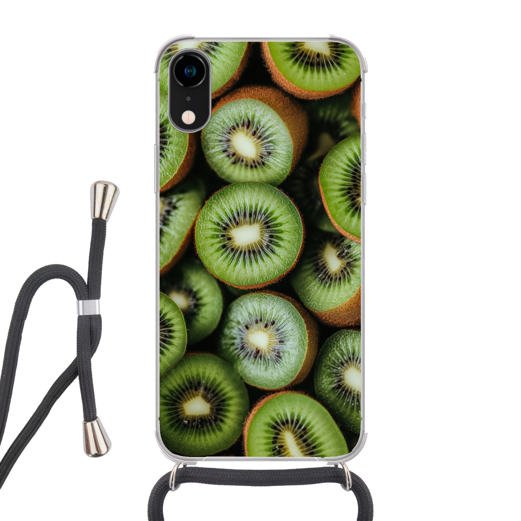 MuchoWow Handyhülle für Apple iPhone XR Kiwi - Obst - Grün, Tragbare Handyhüllen mit Kette zum umhängen, Handykette Handyband