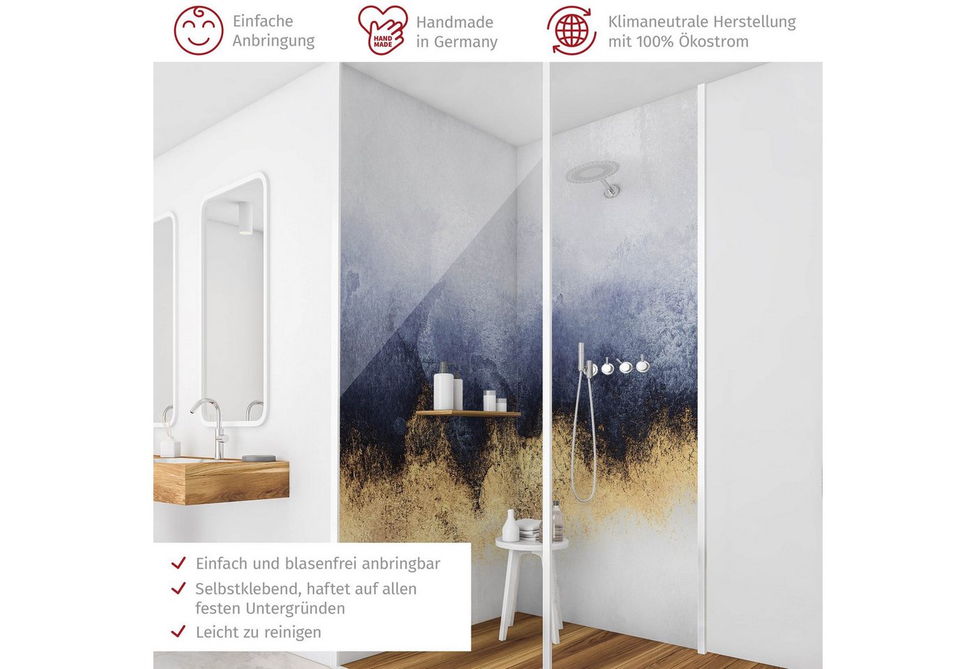 Thumbnail - Bilderdepot24 Badrückwand Abstrakt gold Duschrückwand ohne Bohren Dusche Aquarell, (2-tlg., Hart-Folie Smart matt 0,35 m...
