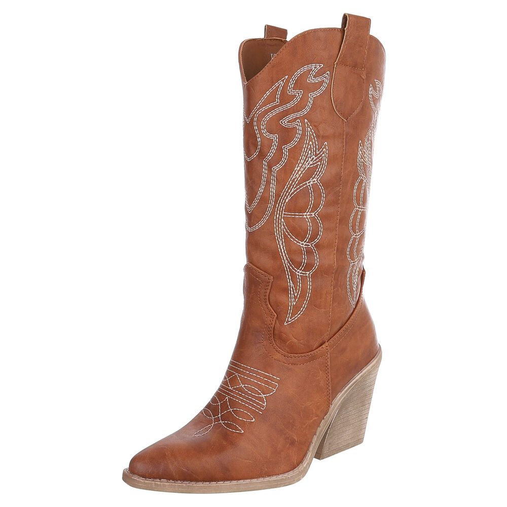 Ital-Design Stylische Damen-Stiefeletten mit Stickdetails für Alltag Westernstiefel (91409444) Blockabsatz Stiefel in Camel