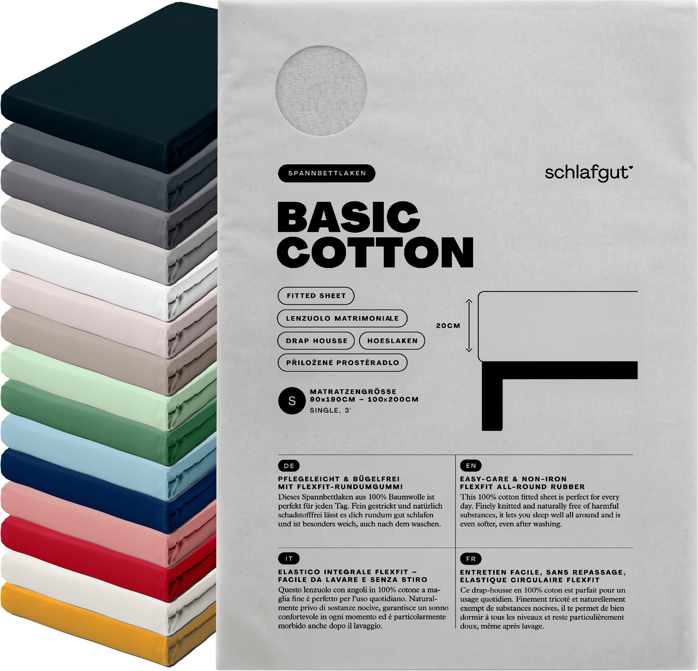 Schlafgut Spannbettlaken Basic Cotton Bettlaken, 160 g/m², 100% Baumwolle, Spannbetttuch, Jersey, Gummizug: rundum, (1 Stück), Spannbettlaken bis 20 cm Matratzenhöhe, bügelfrei und pflegeleicht