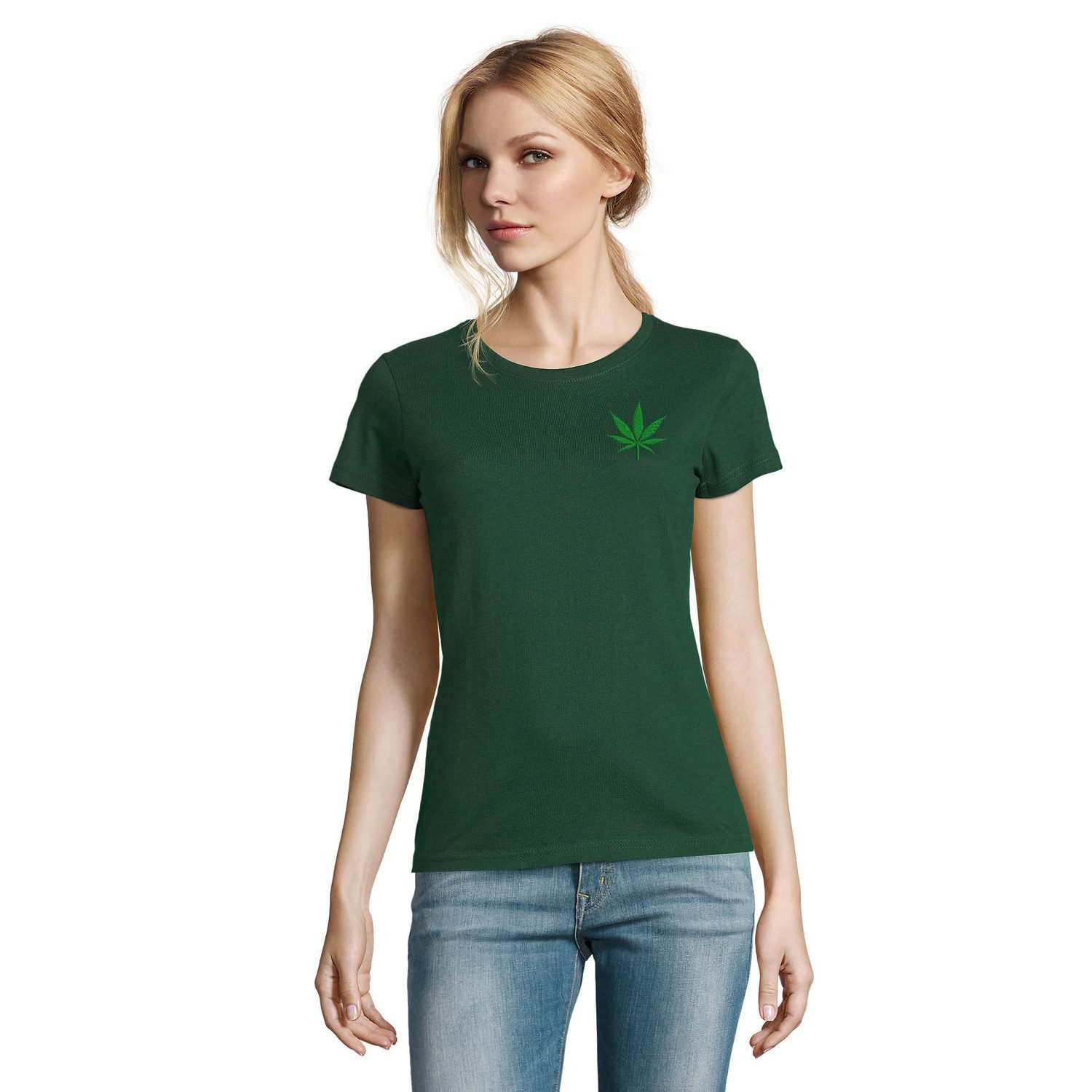 Blondie & Brownie T-Shirt Damen T-Shirt Cannabis blatt Hanfblatt Weed Leaf Patch Basic Stil (Einzelstück, Einzelartikel) Cannabisblatt Stickerei Patch Shirt