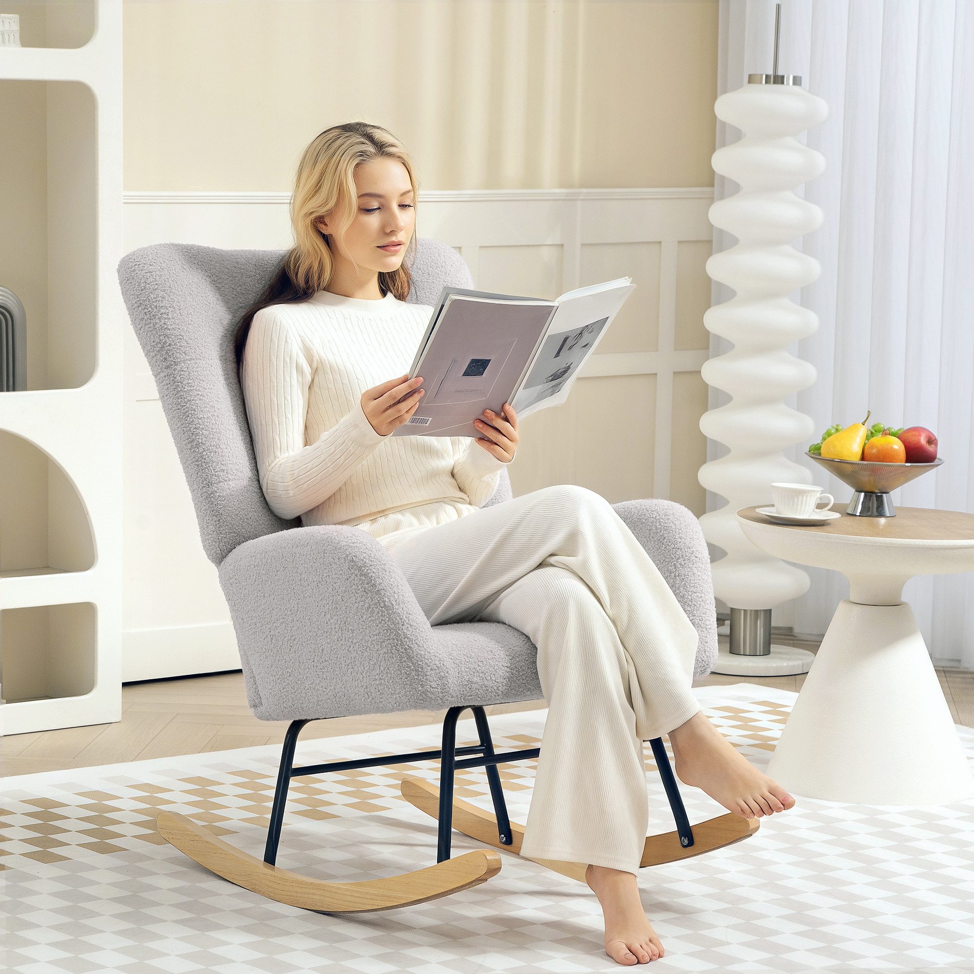 HOMCOM Schaukelstuhl Schaukelsessel, Teddysamt-Optik, Relaxsessel mit Holzkufen (Relaxsessel mit Holzkufen, Schwingsessel, 1 St), Stillsessel für Schlafzimmer, Wohnzimmer, Hellgrau