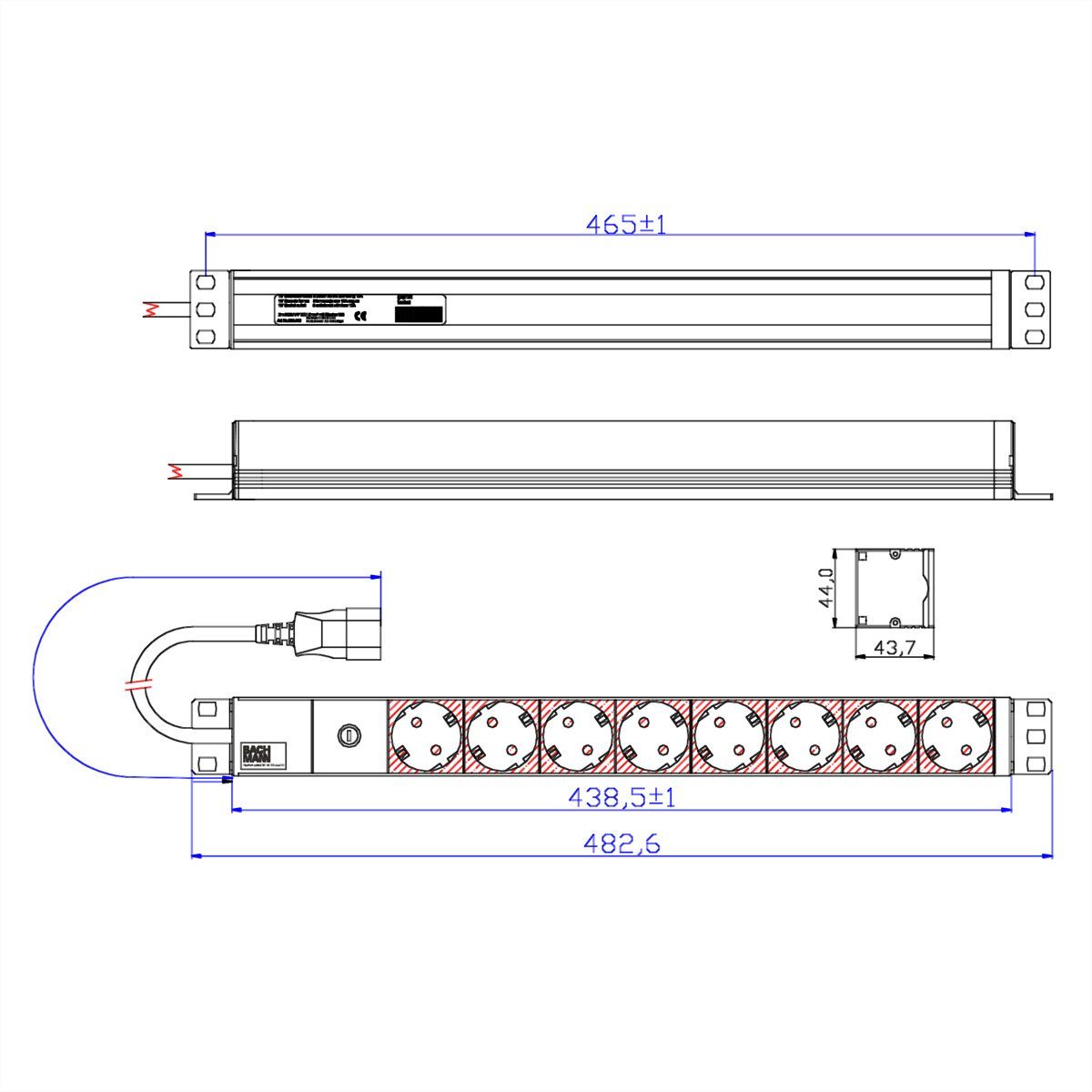 Bachmann 19" Steckdosenleiste 8-fach 2300W, IEC320 C14 Stecker Steckdosenleiste (Kabellänge 2 m), 333.538