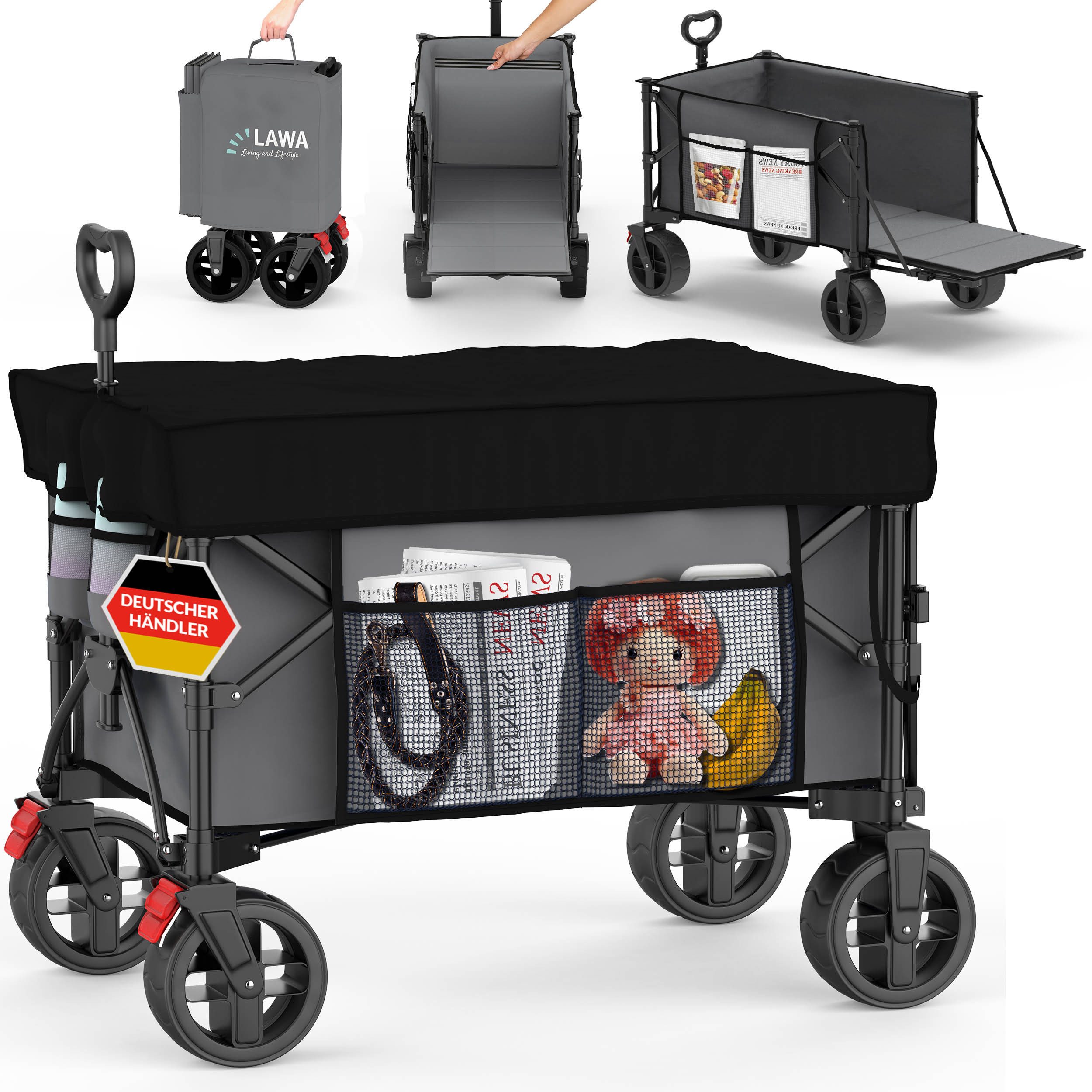 LAWA Living and Lifestyle Тележки faltbarer Transportwagen 130l Stoffdach 100kg Bremse kleines Packmaß, mit Heckklappe, verlängerbar, 110cm Teleskopgriff, Seitentasche