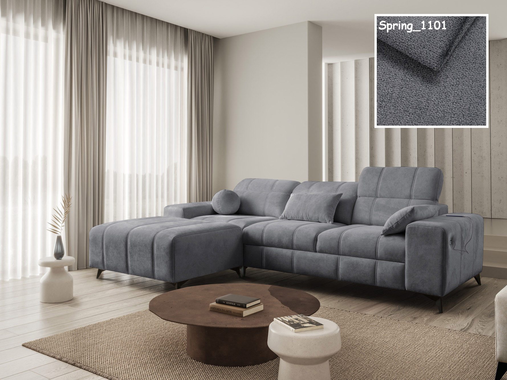 Möbel für Dich Ecksofa Dafne 1 Ecksofa oder Dreisitzer mit Hocker, frei kombinierbar, mit USB, Bettfunktion, Bettkasten und drei verstellbaren Kopfstützen