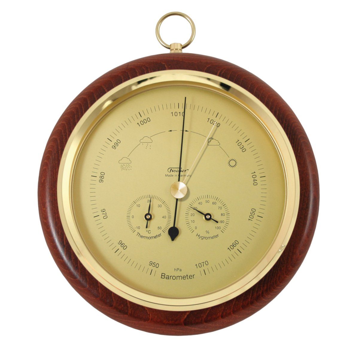 Fischer Barometer Wetterstation rund, Mahagoni-Messing Innenwetterstation