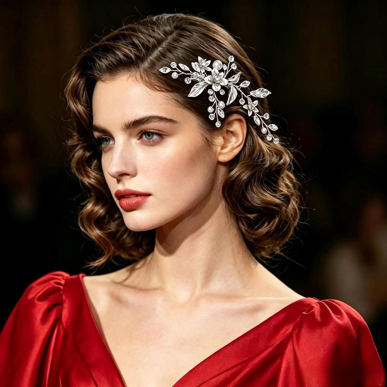 LuxusKollektion Haarclip Braut Haarclip Silber Blumen Perlen Kristalle