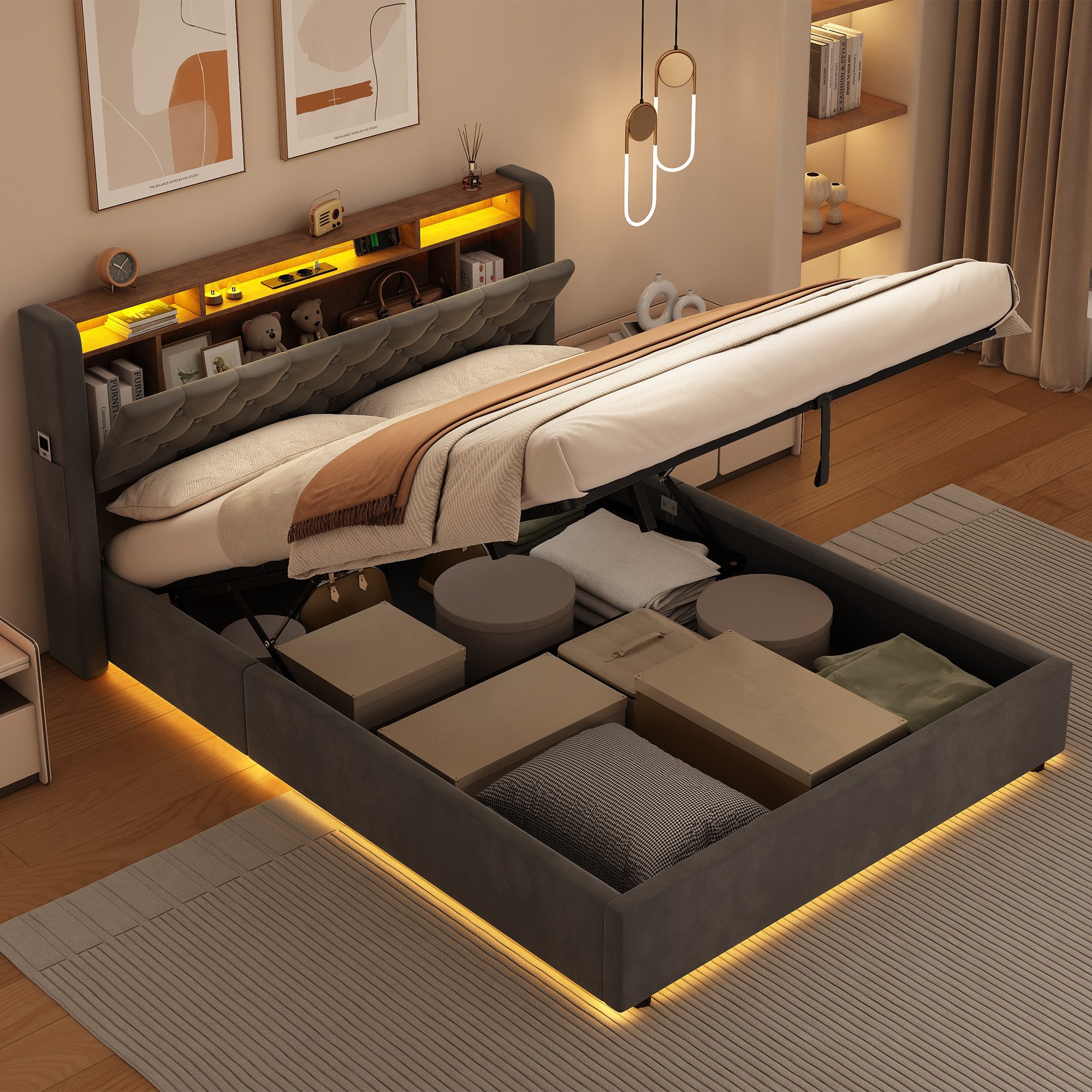REDOM Polsterbett Hollandvelours-Bezug, mit Stauraum & Ablage (Funktionsbett, 1-tlg., Robuster Metallrahmen, Lattenrost inklusive, ohne Matratze), 140x190 cm mit LED-Beleuchtung und USB-Anschlüssen