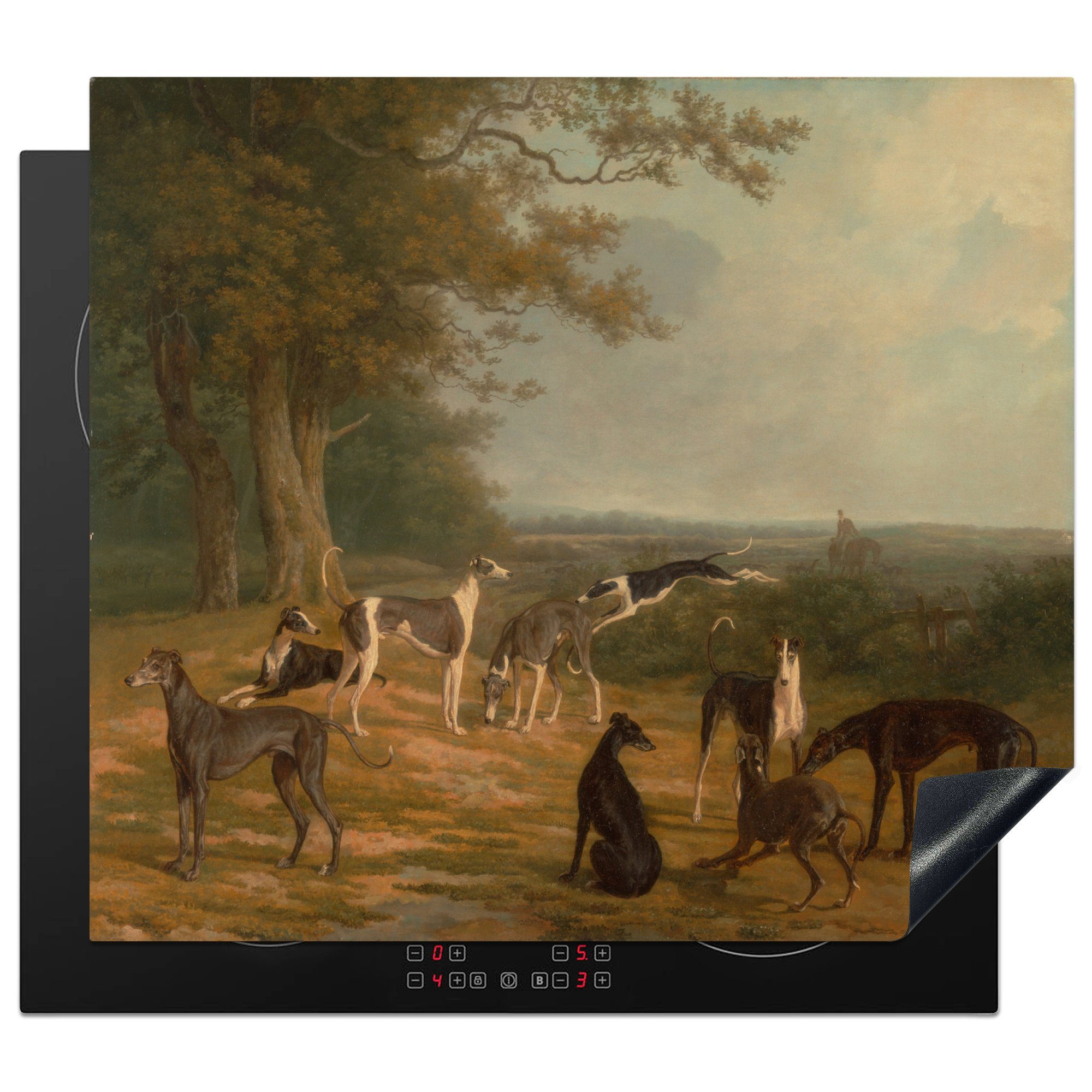MuchoWow Herdblende-/Abdeckplatte Neun Windhunde in einer Landschaft - Gemälde von Jacques Laurent, Vinyl, (1 tlg), 60x52 cm, Mobile Arbeitsfläche nutzbar, Ceranfeldabdeckung