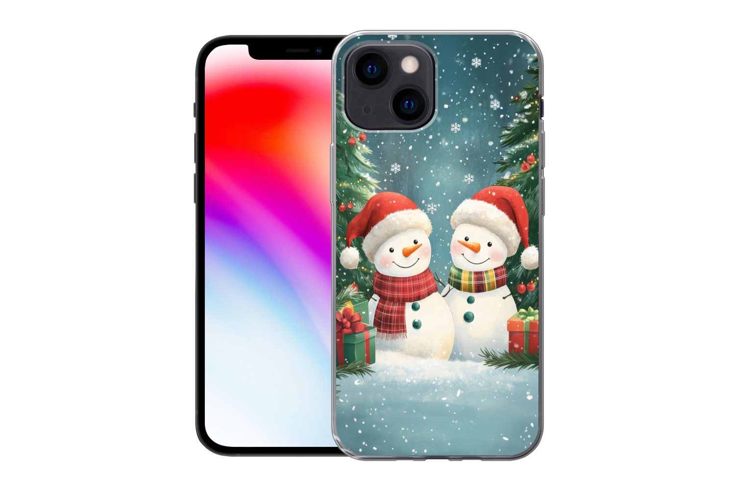 MuchoWow Handyhülle für Apple iPhone 13 mini Schneemann - Weihnachtsschnee - Grün - Rot, Smartphone-Bumper, Print, Handy Schutzhülle Dünn