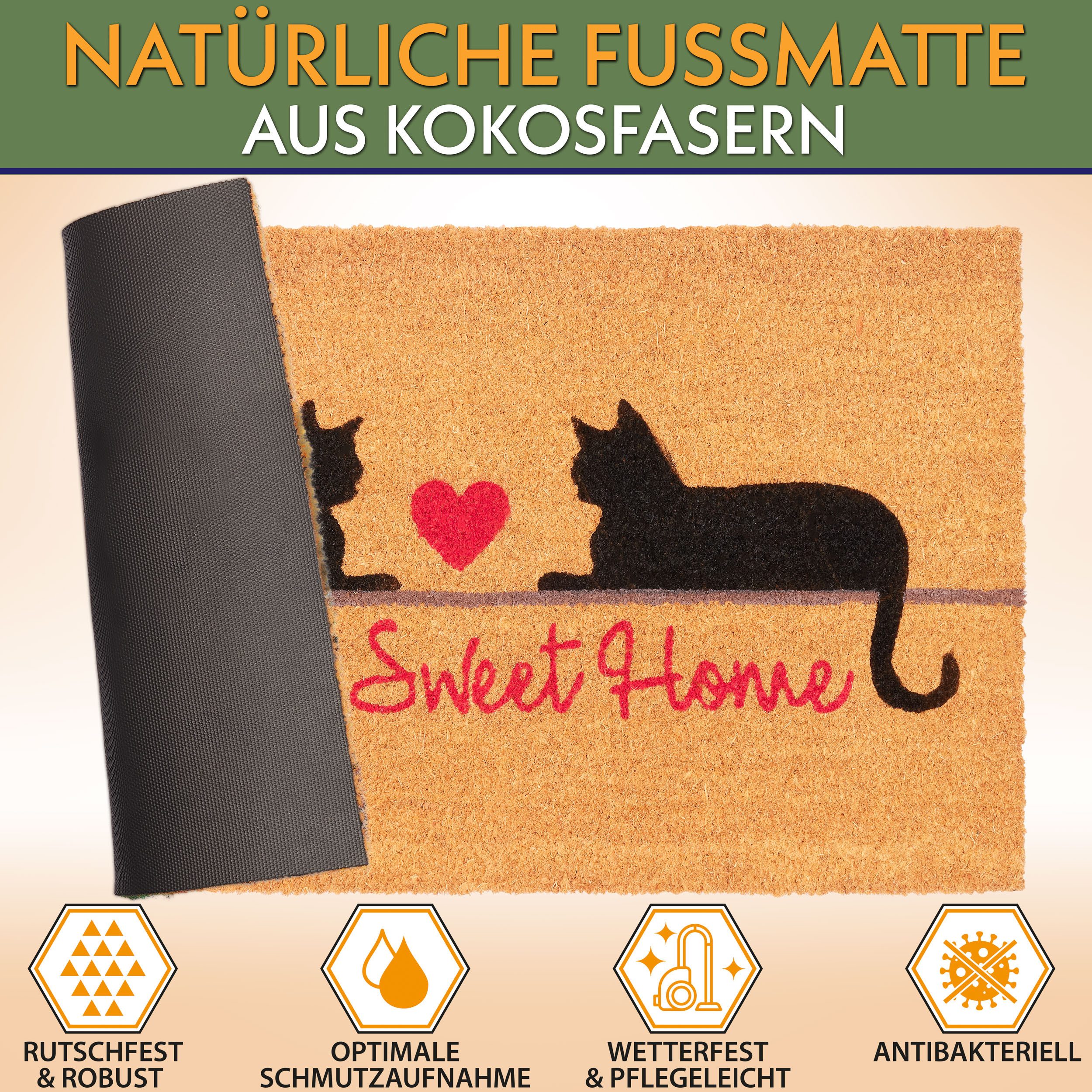 BRUBAKER Fußmatte Home Sweet Home - 45 x 75 cm Schmutzfangmatte mit Katzen günstig online kaufen