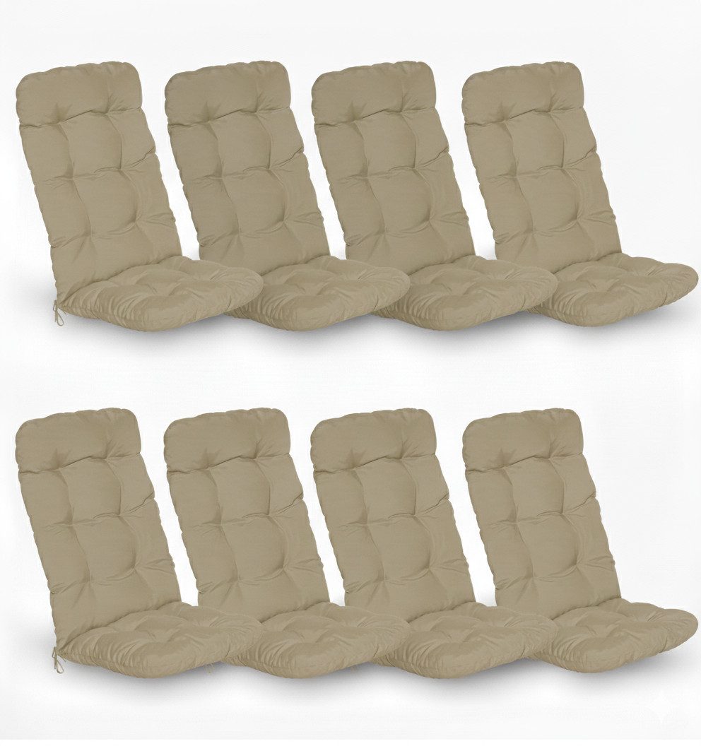 Beautissu Hochlehnerauflage Flair HL, 120x50x8cm, Natur, 8er Set, Gartenstuhlauflage, Outdoor, UV-beständig, mit Bändern, UV Lichtechtheit von 5, stilvolle Heftungen
