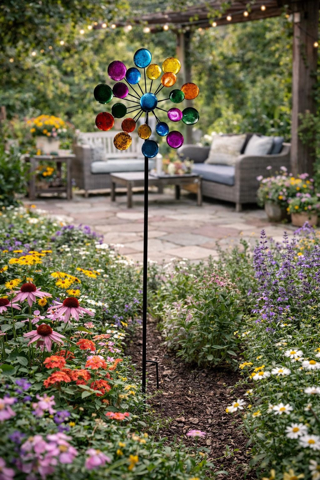 Geschenk-Himmel Windrad Metall Windrad Gartenstecker bunt 122cm Doppel Windspiel Ø 32,5 cm